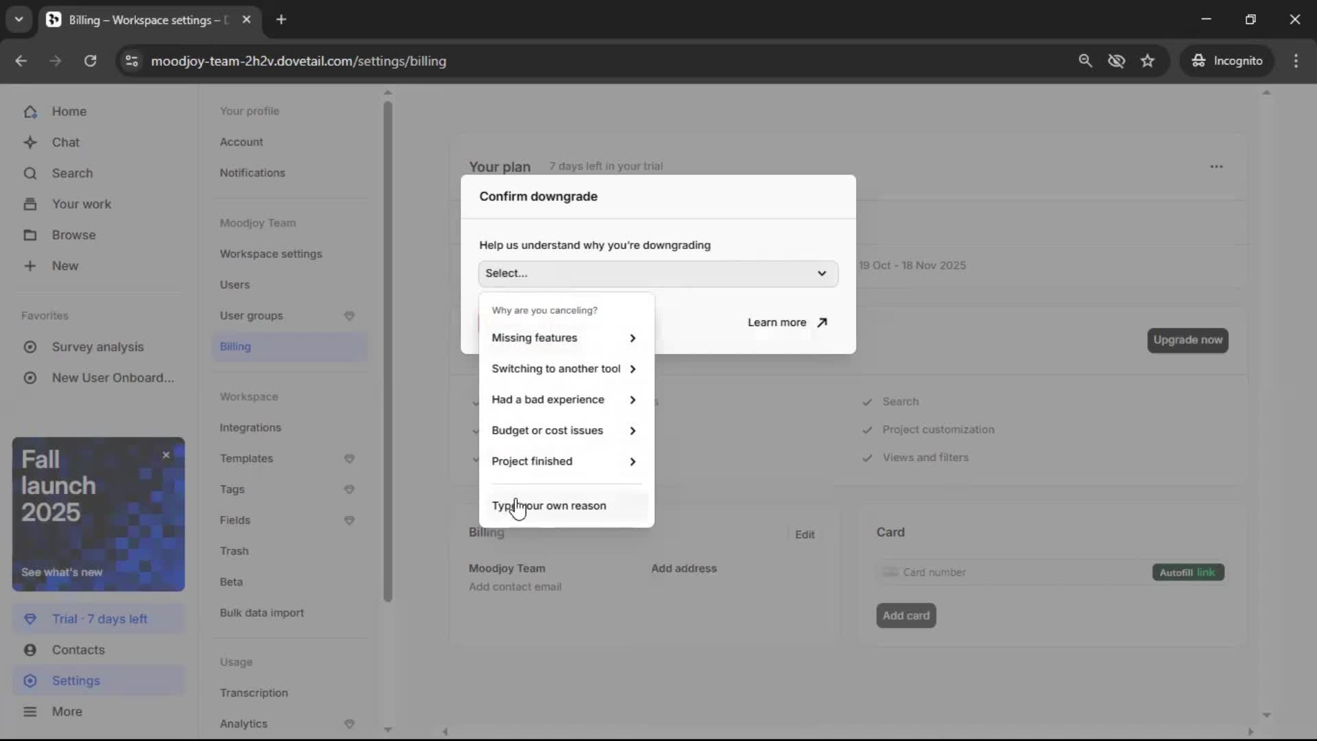 Downgrading your account screenshot