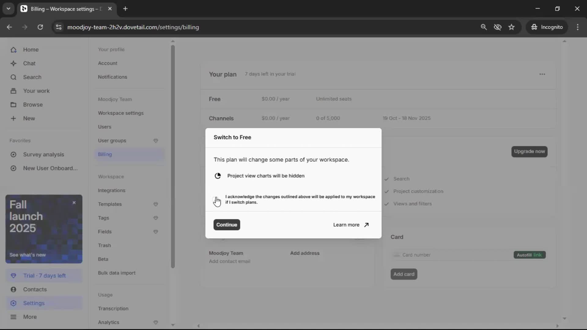 Downgrading your account screenshot