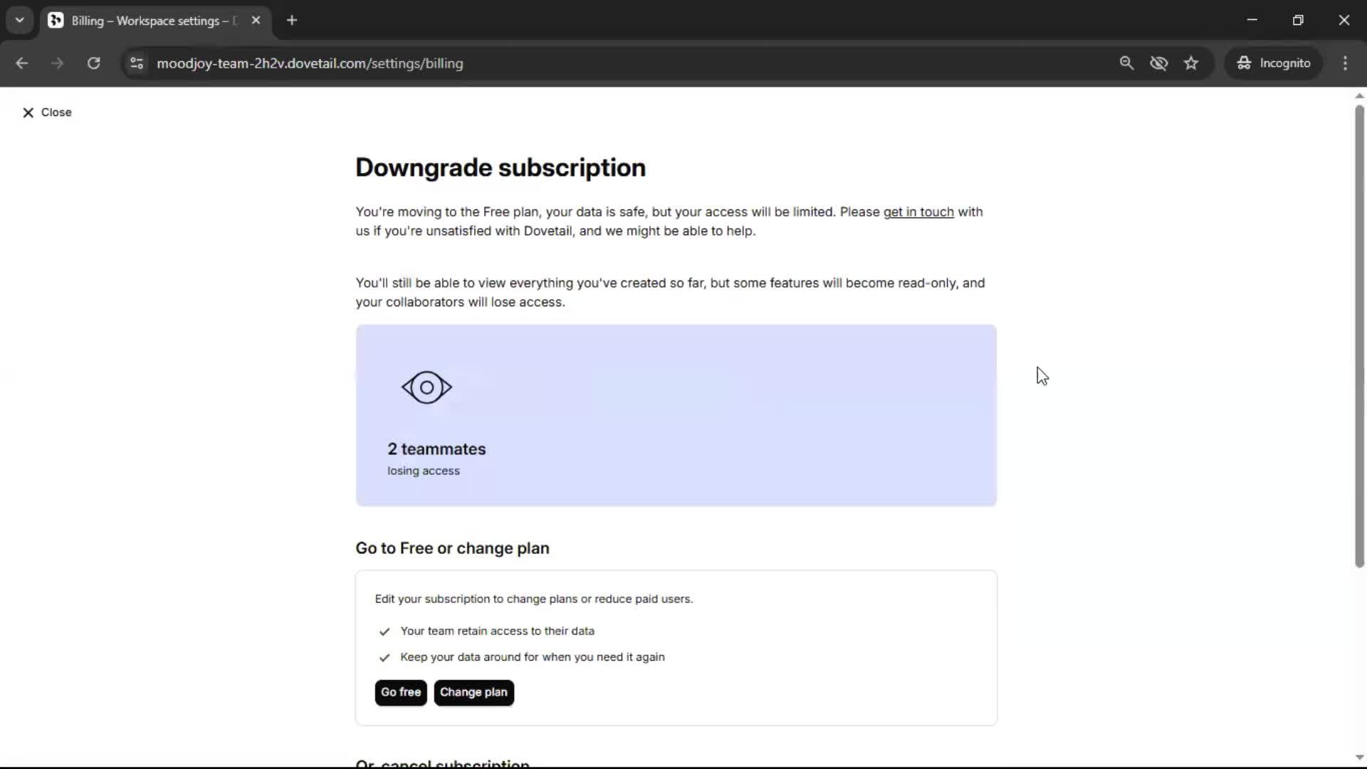 Downgrading your account screenshot