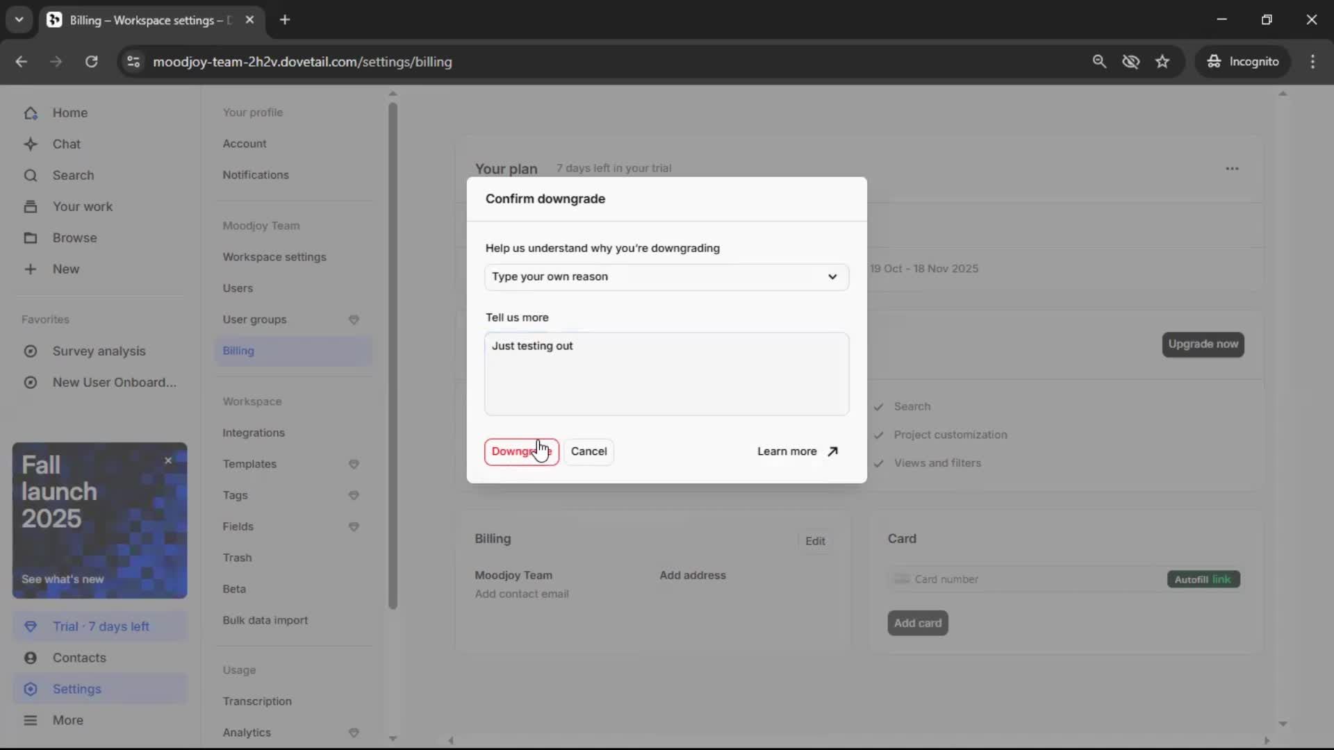 Downgrading your account screenshot