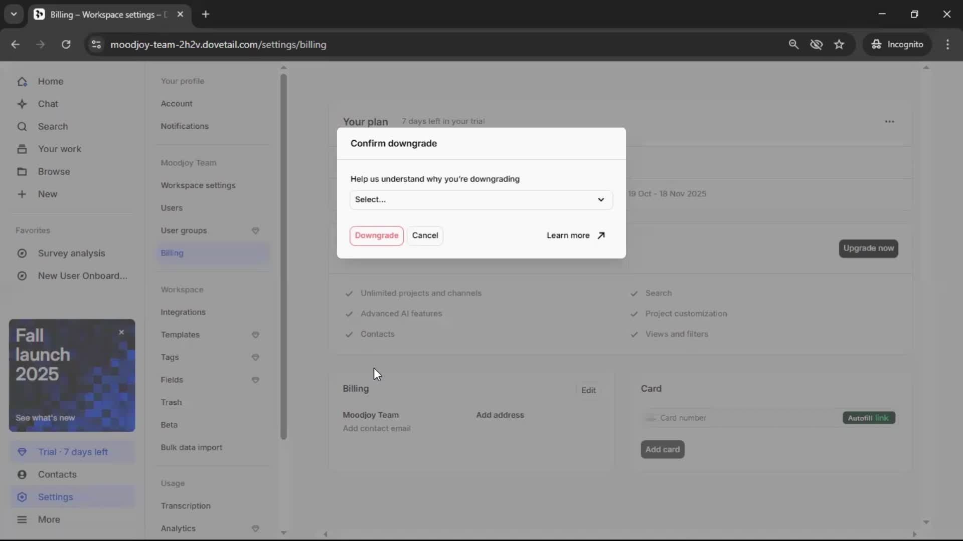Downgrading your account screenshot