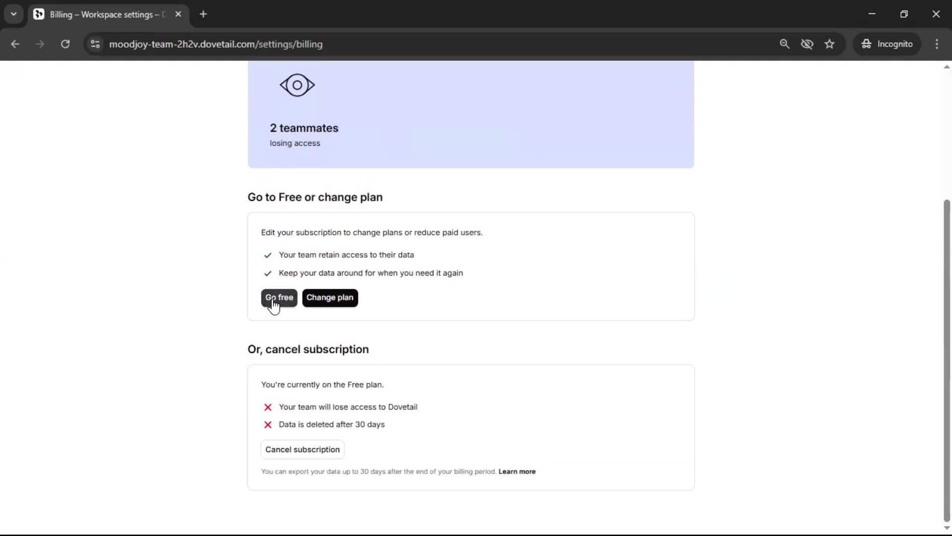 Downgrading your account screenshot