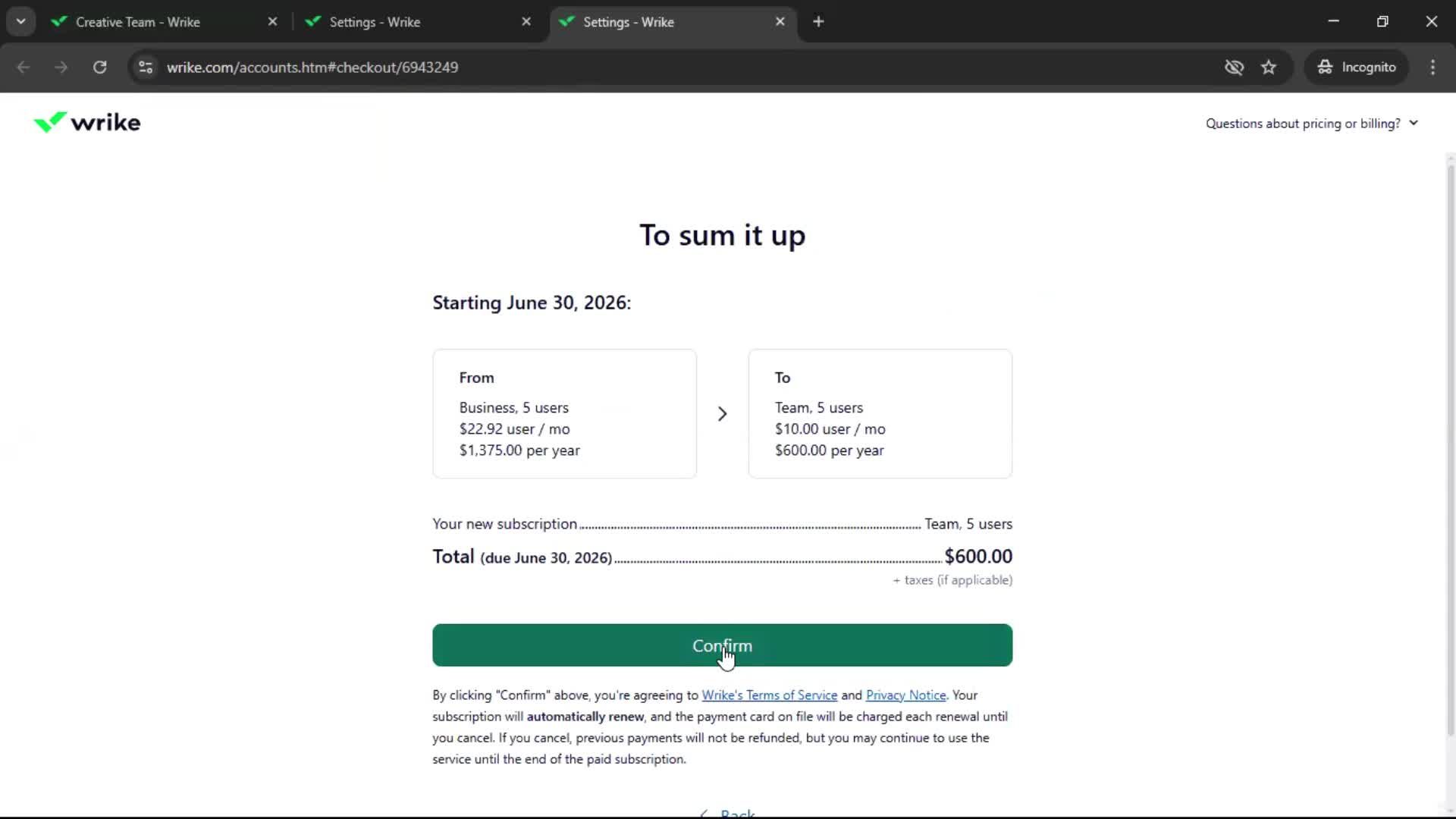 Downgrading your account screenshot