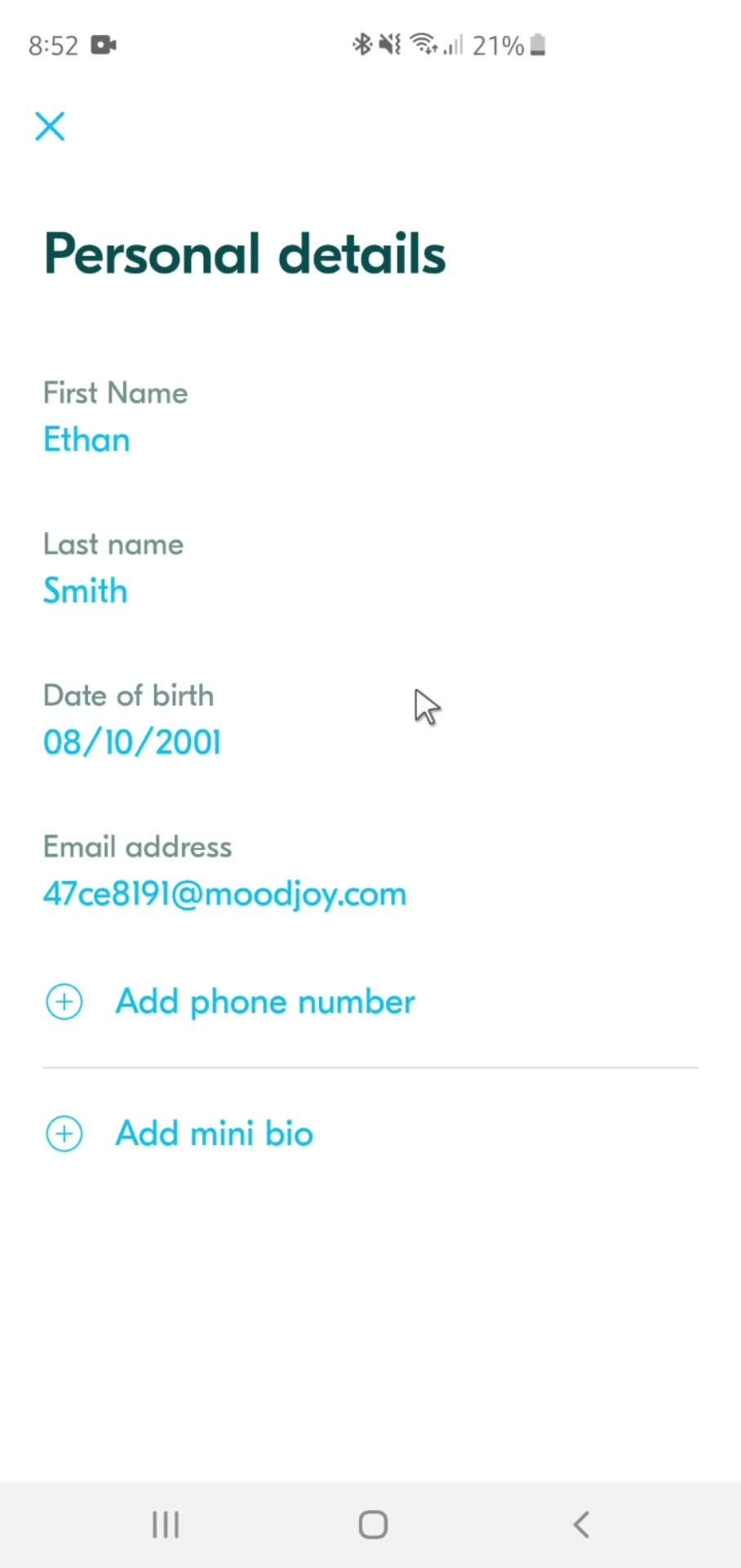 Editing personal info screenshot