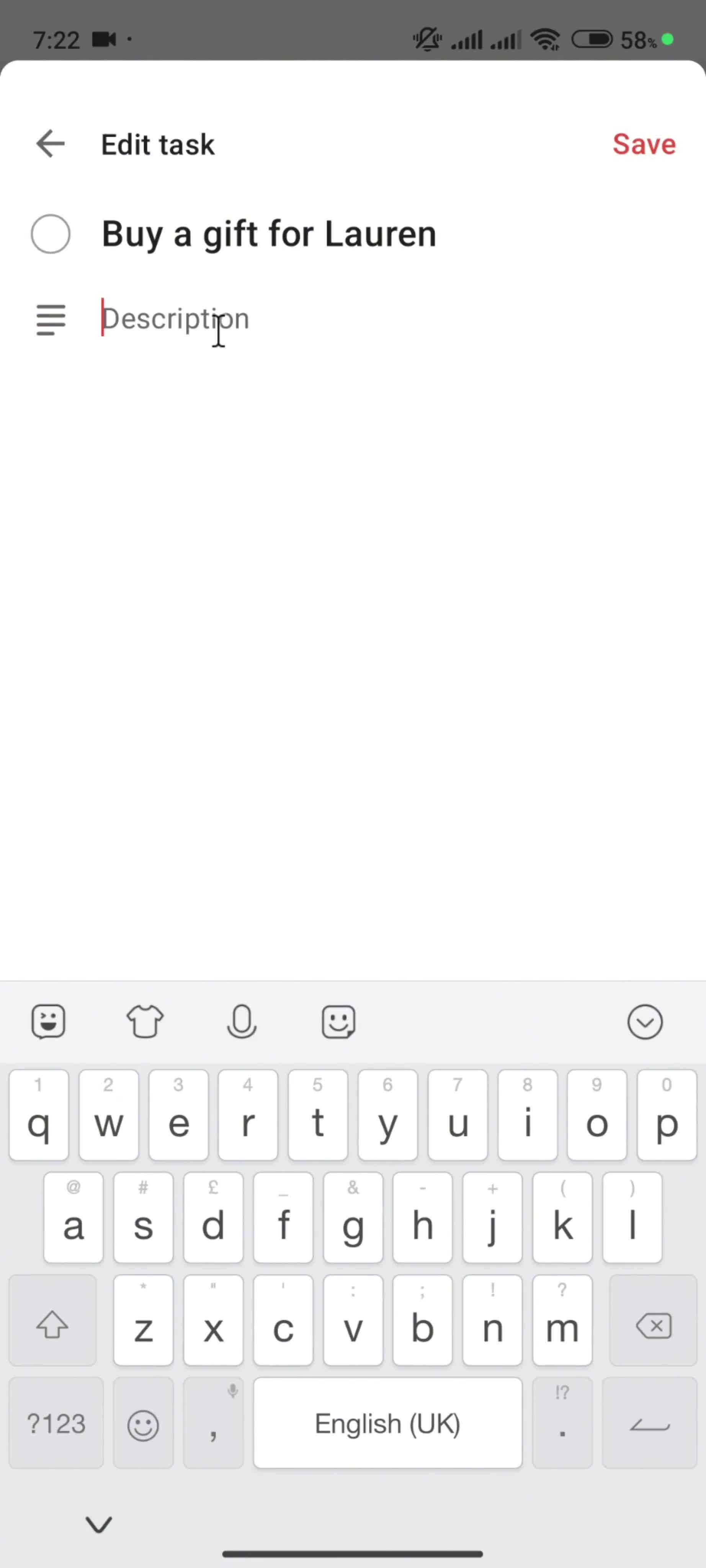 Editing a task screenshot
