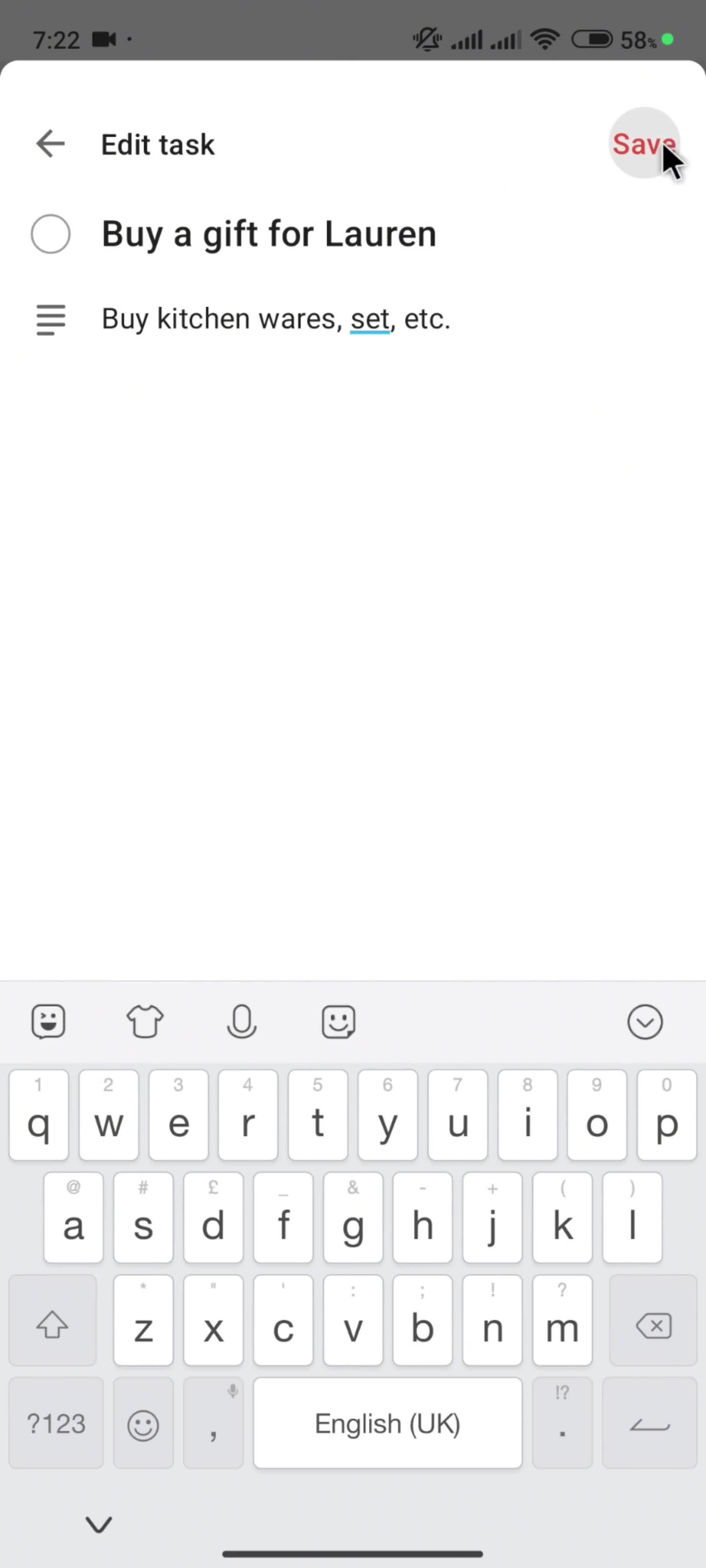 Editing a task screenshot