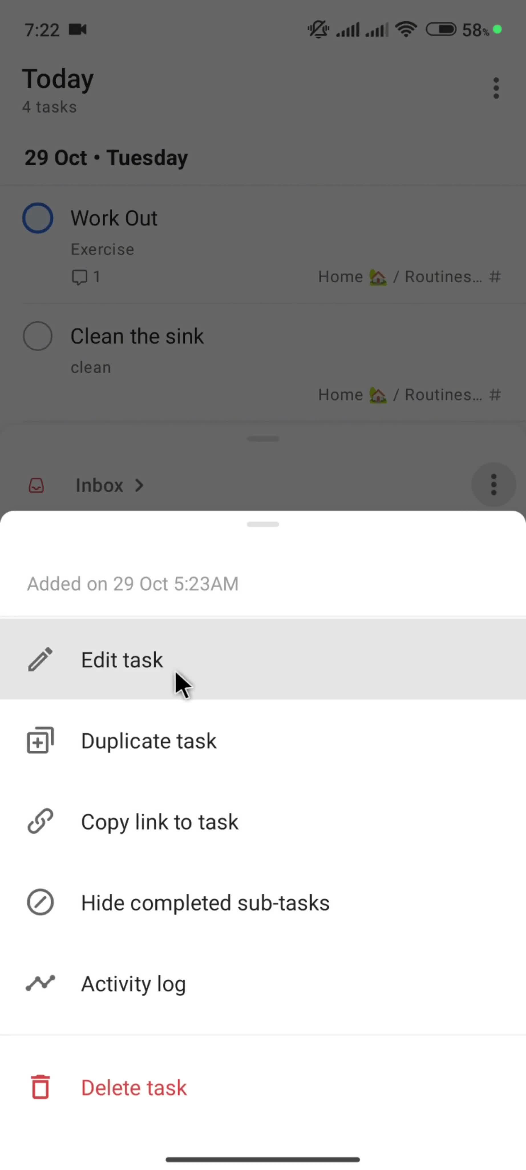 Editing a task screenshot