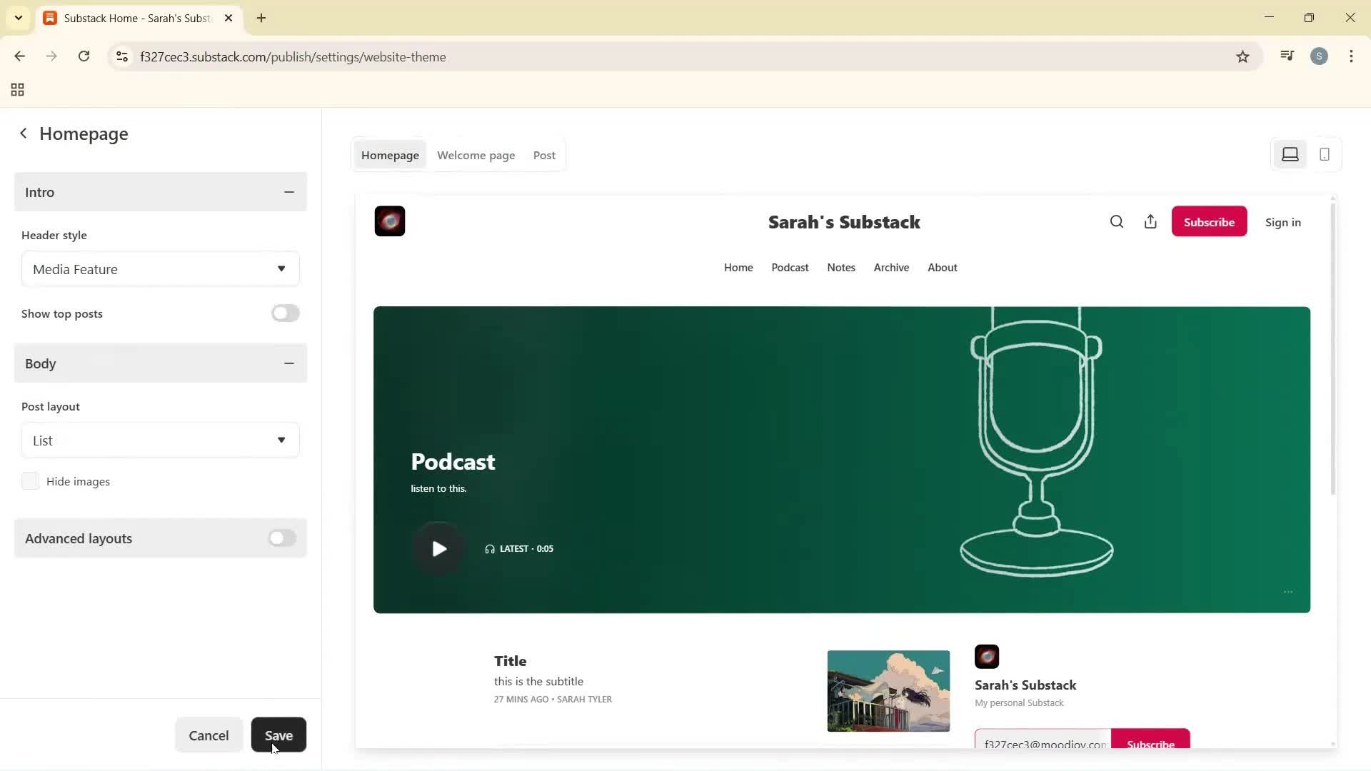 Customization settings screenshot