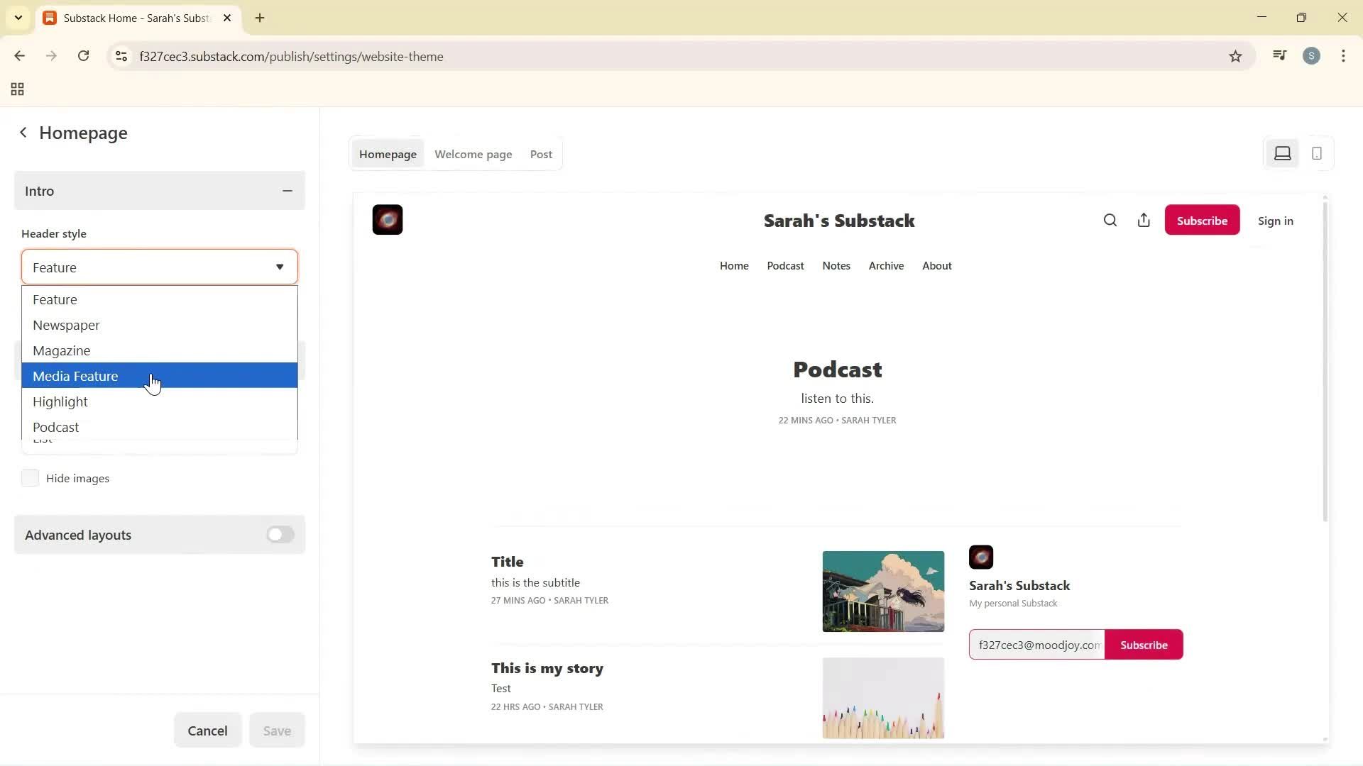 Customization settings screenshot