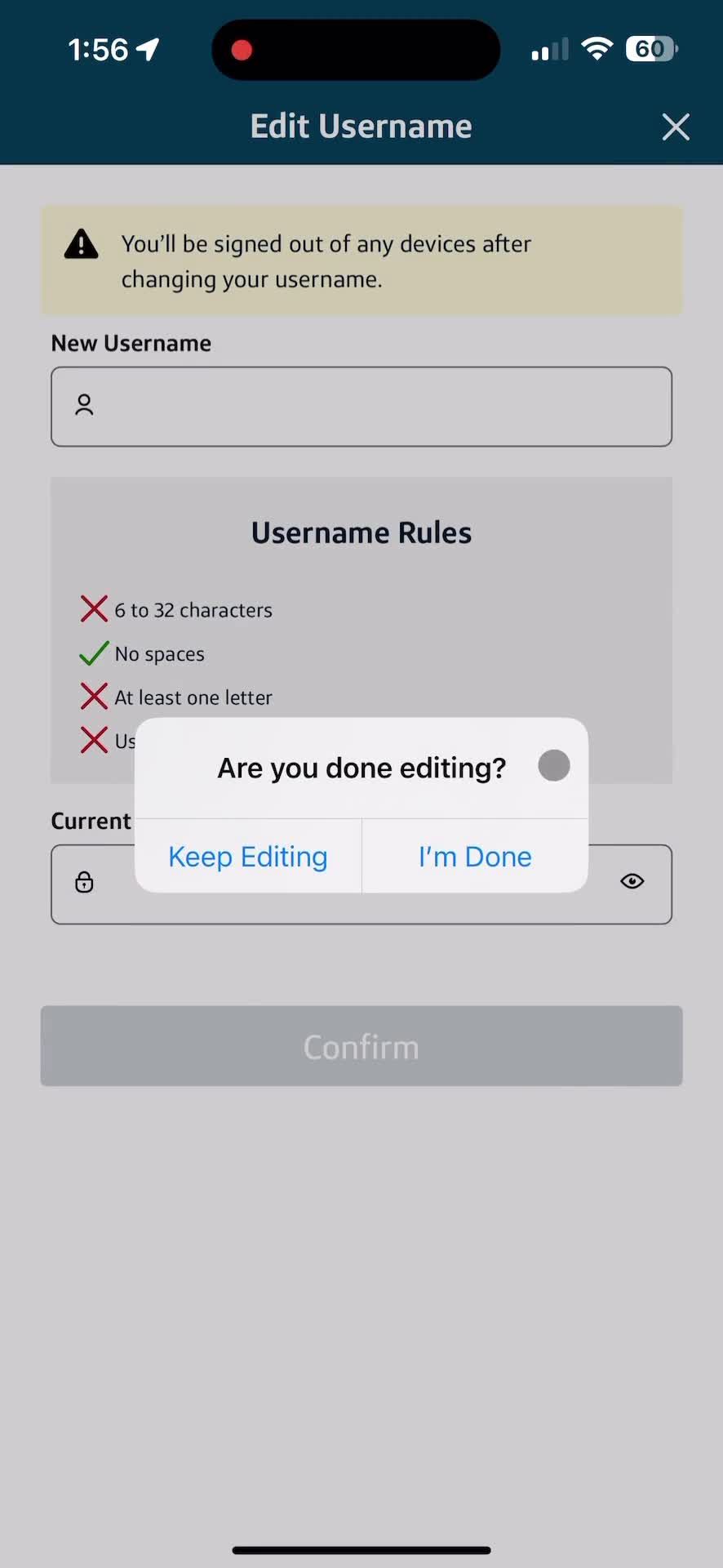 Editing username screenshot