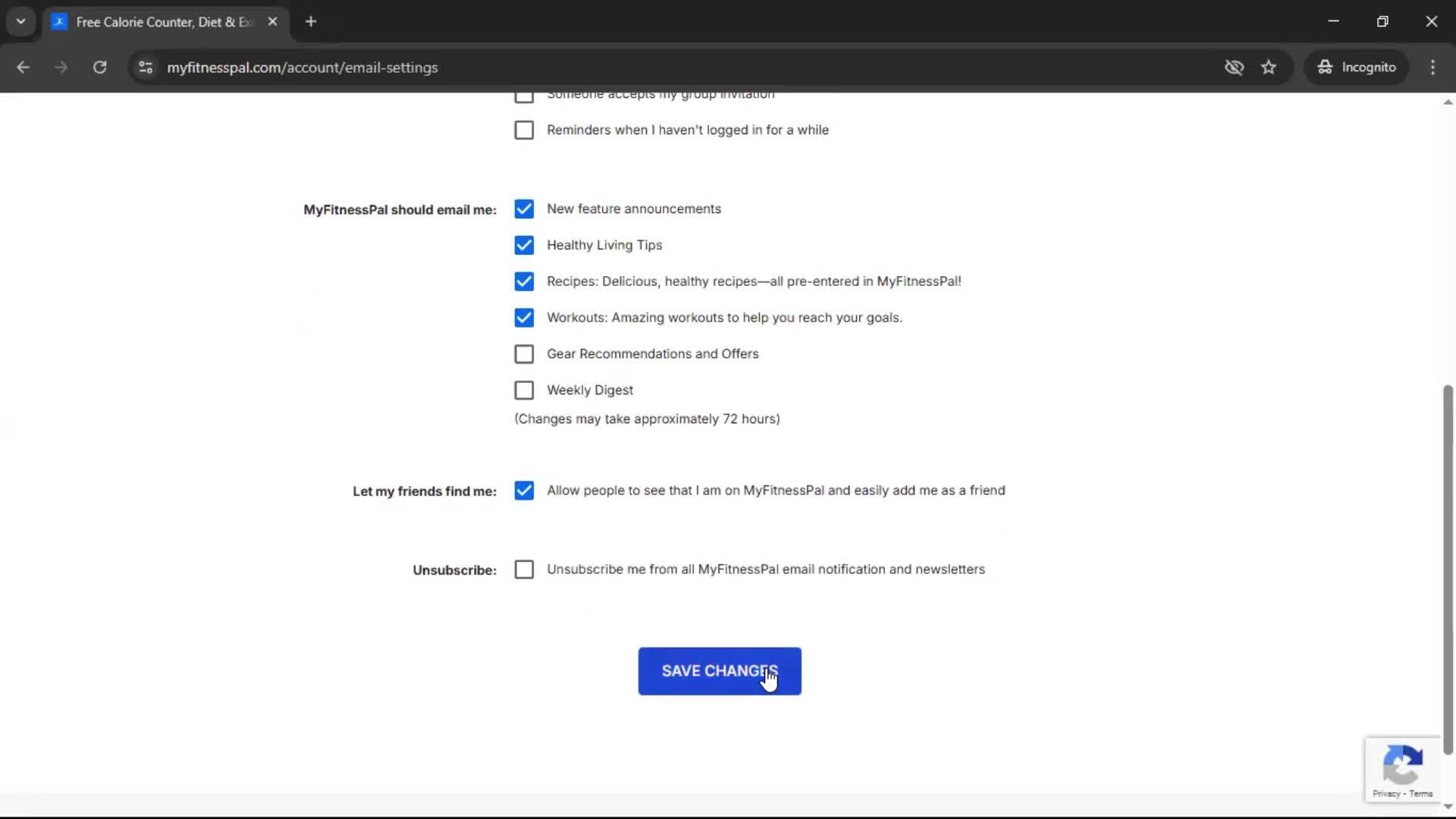 Email notification settings screenshot