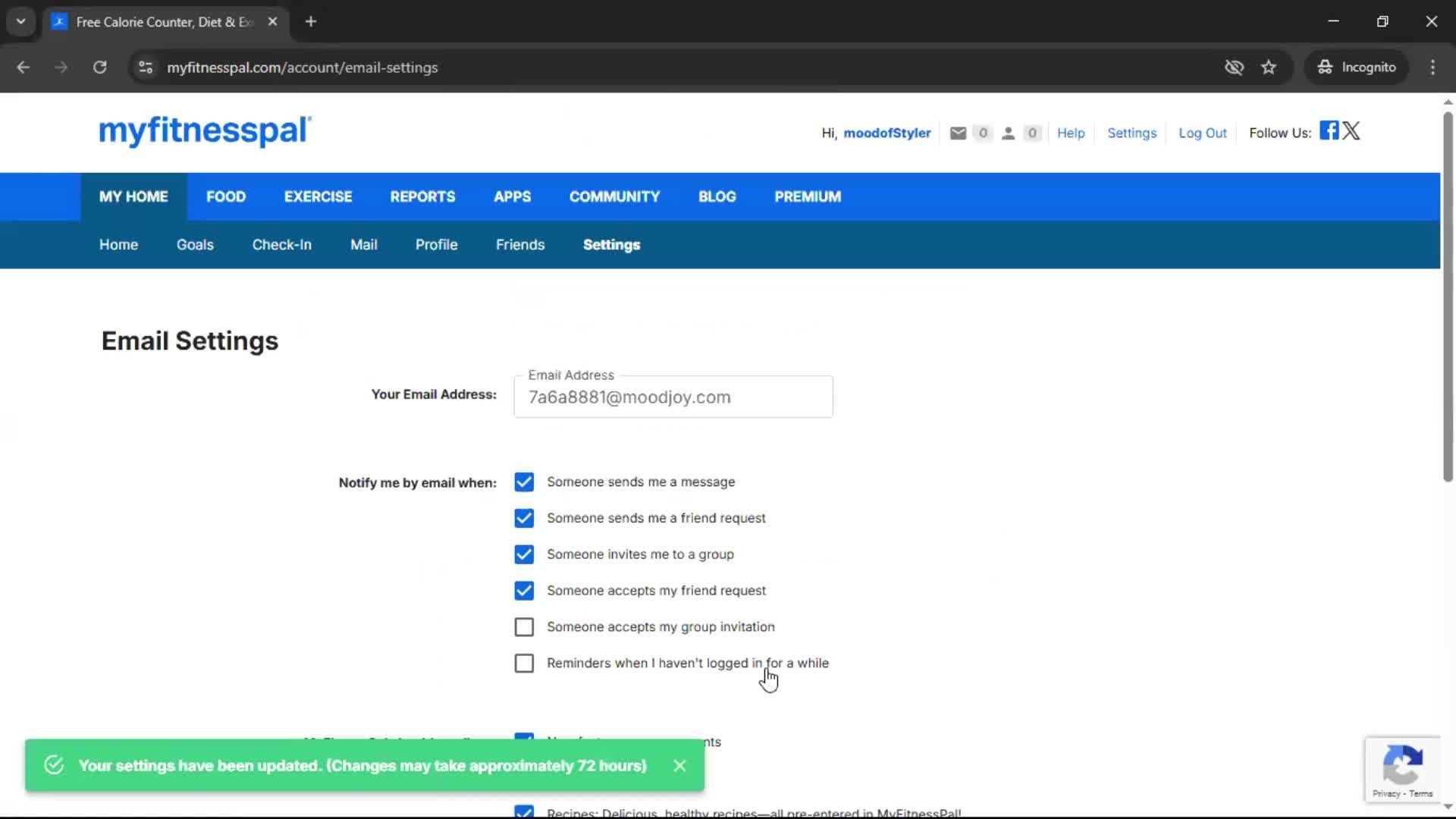 Email notification settings screenshot