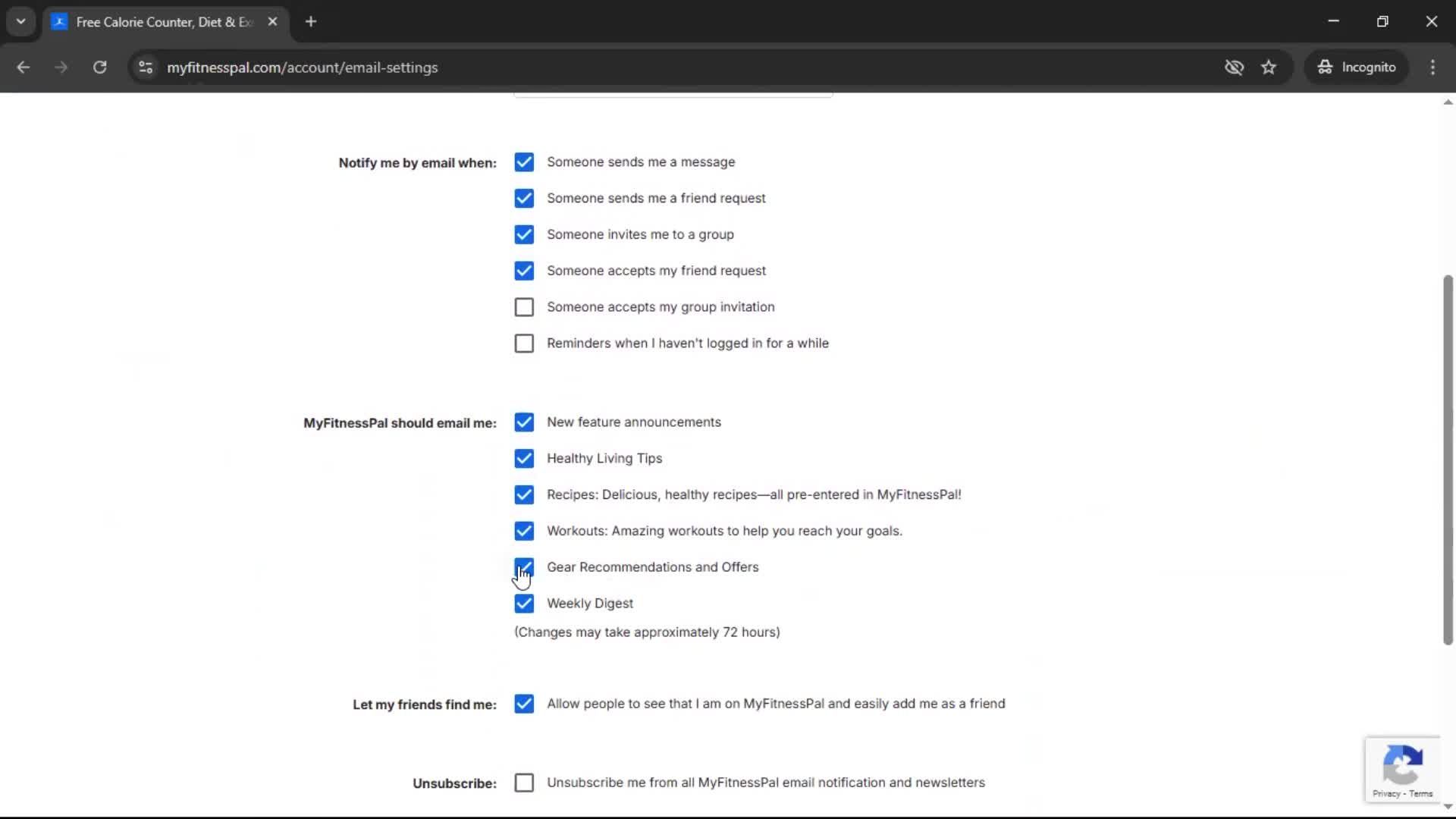 Email notification settings screenshot