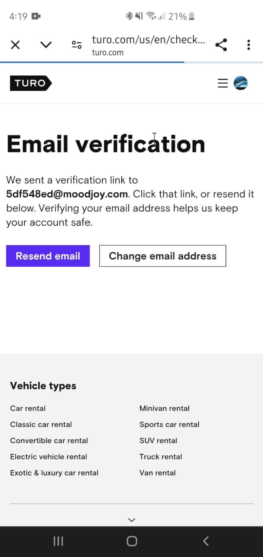 Verifying email address screenshot