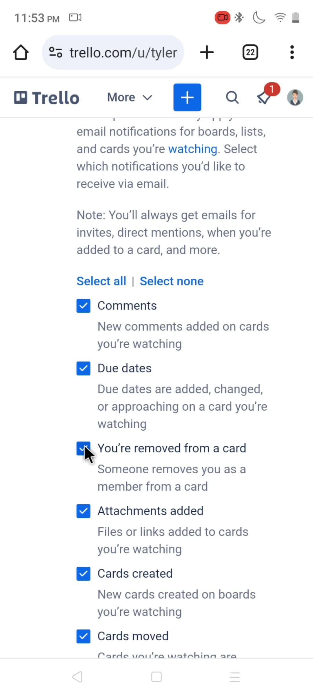 Email notification settings screenshot