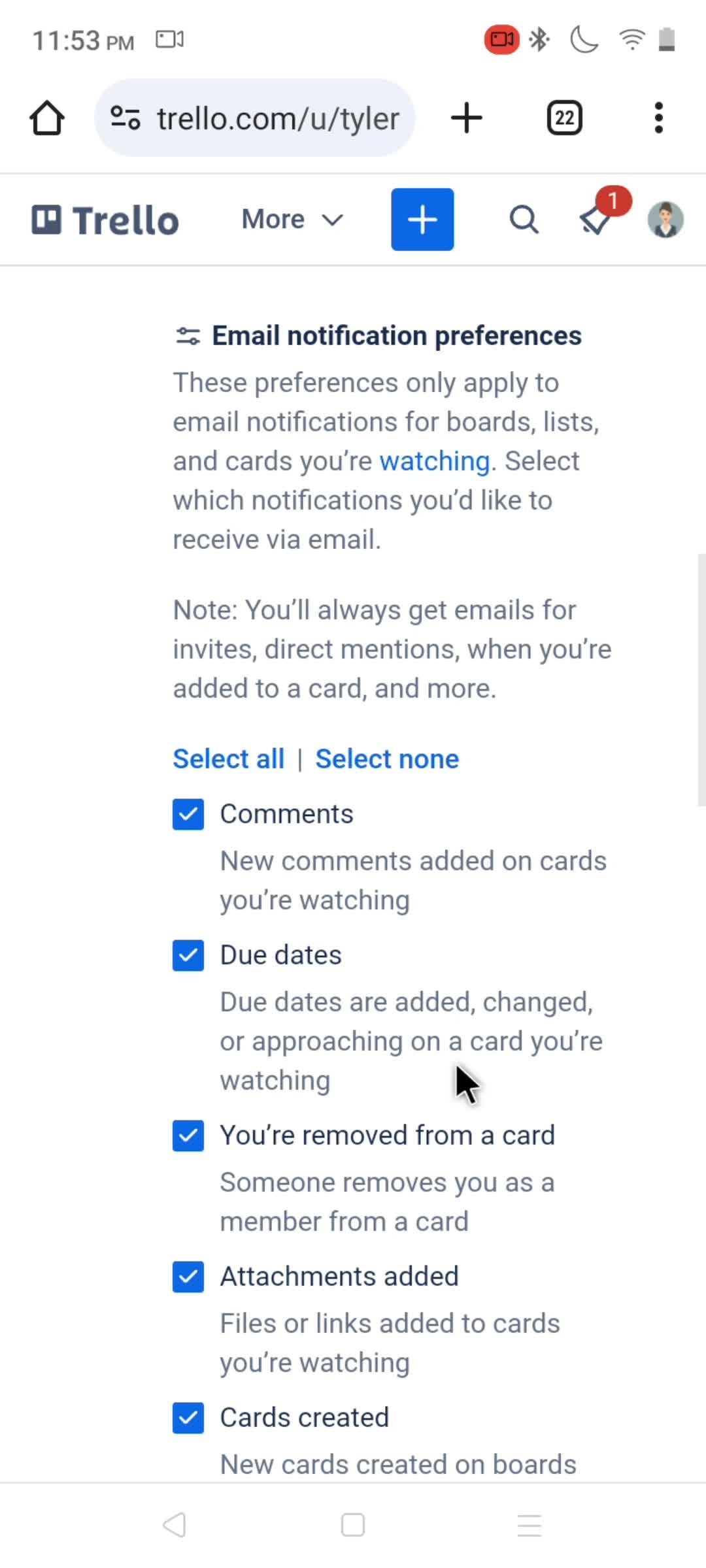 Email notification settings screenshot