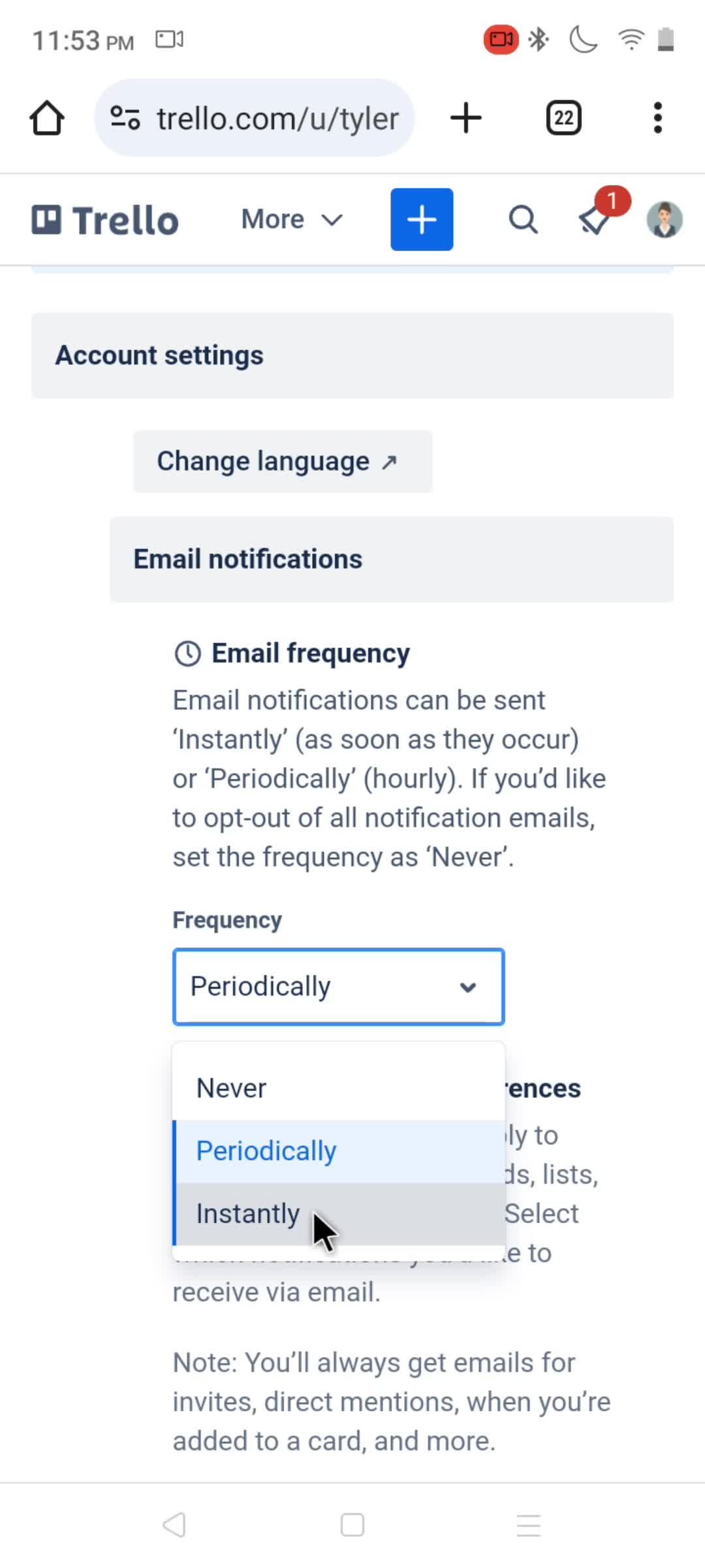 Email notification settings screenshot