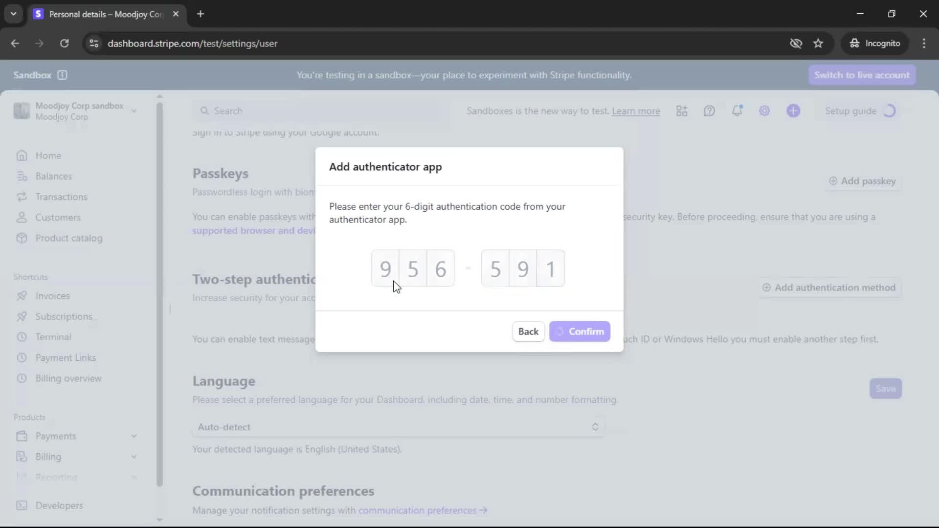 Enabling 2FA screenshot