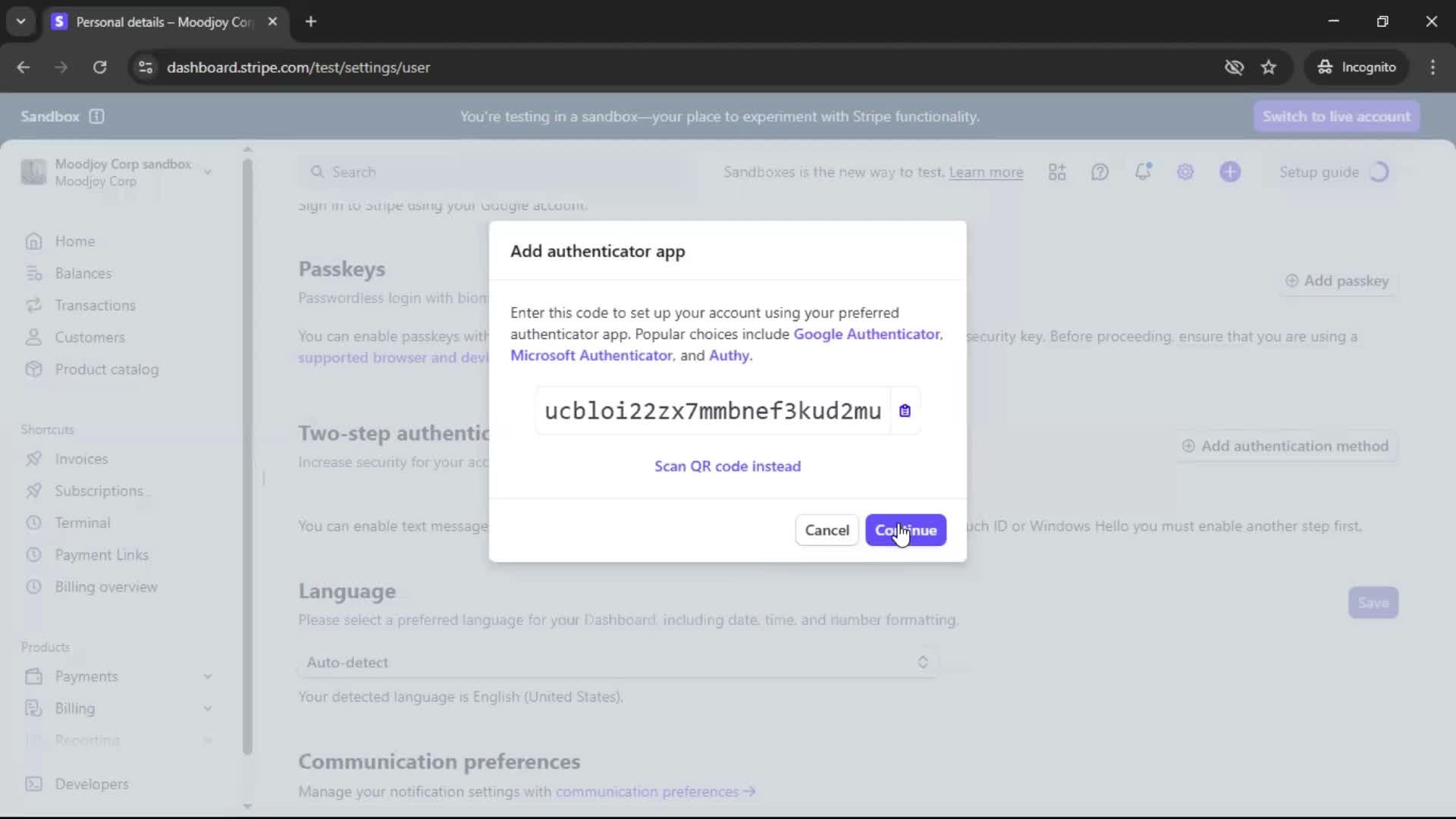 Enabling 2FA screenshot