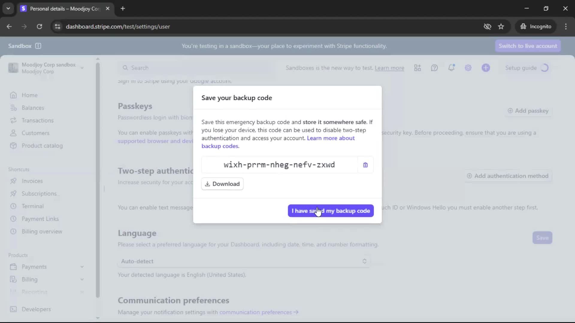 Enabling 2FA screenshot