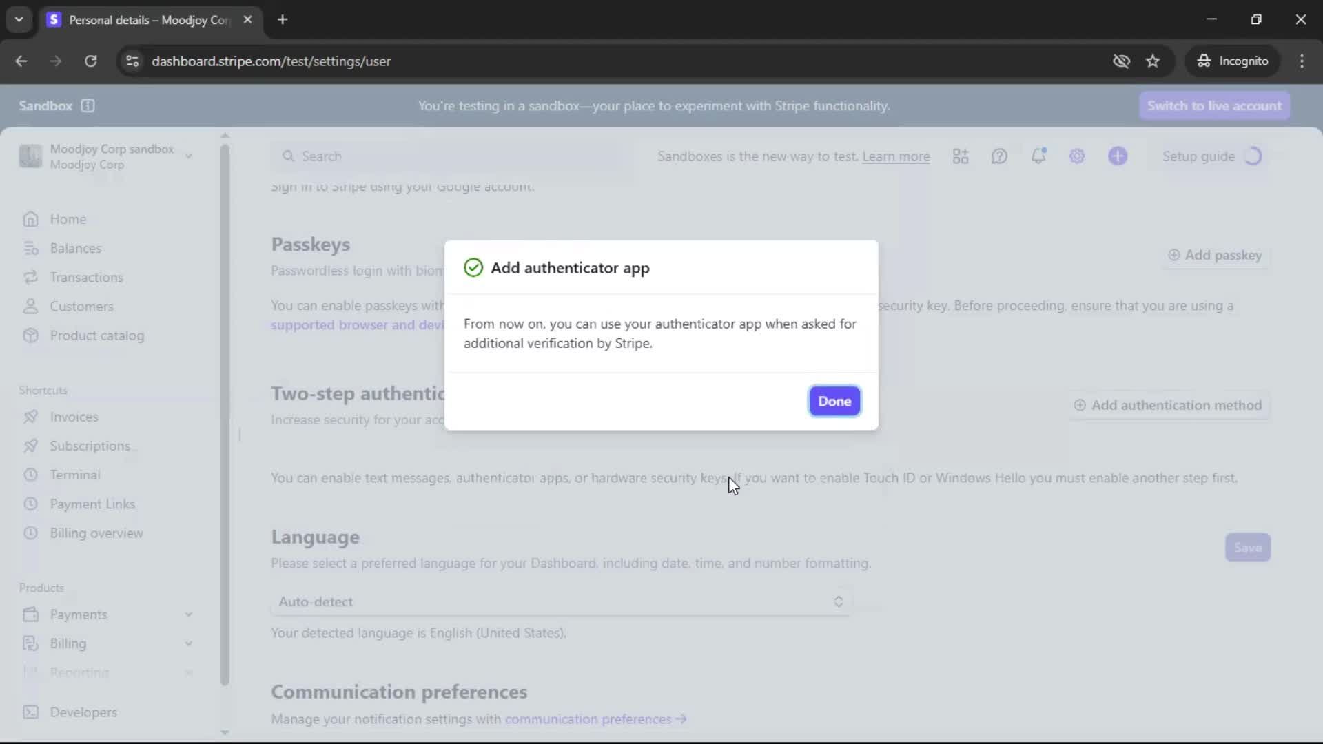 Enabling 2FA screenshot