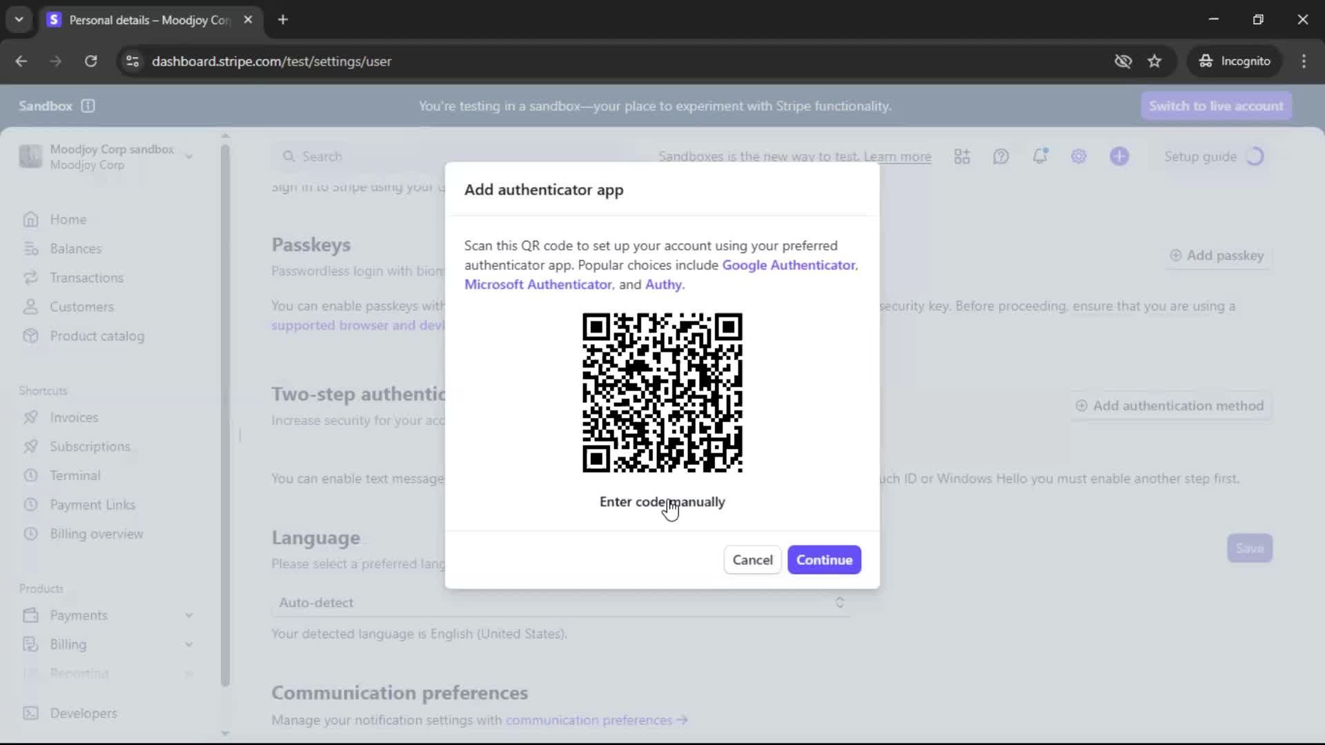 Enabling 2FA screenshot