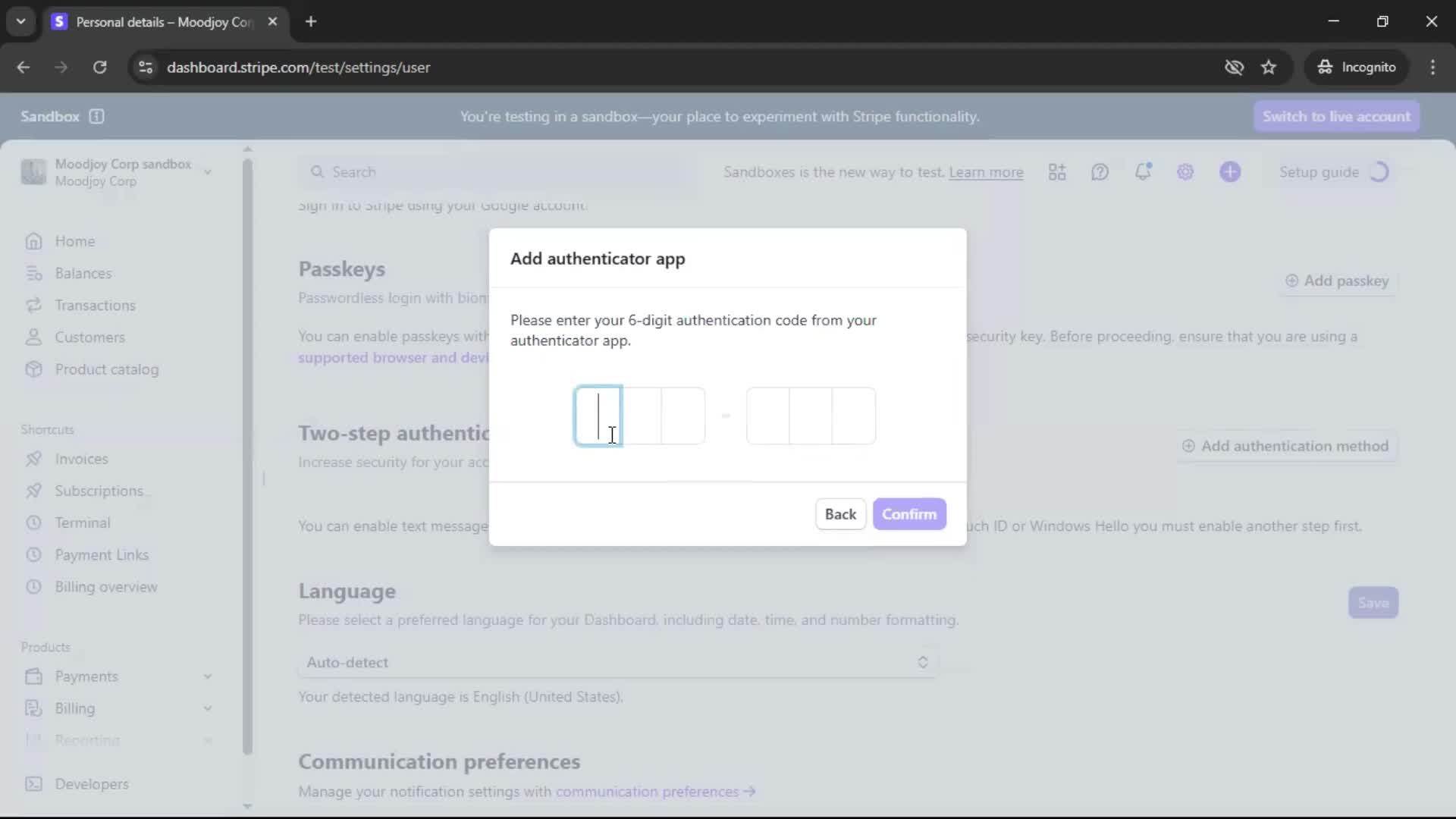Enabling 2FA screenshot