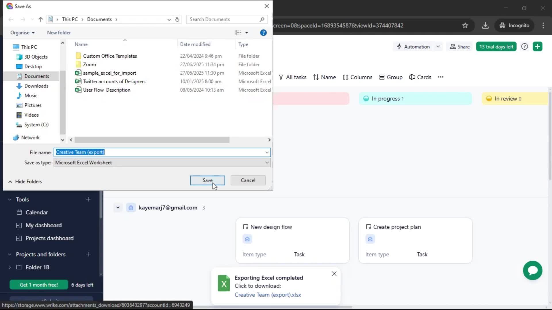 Exporting data screenshot