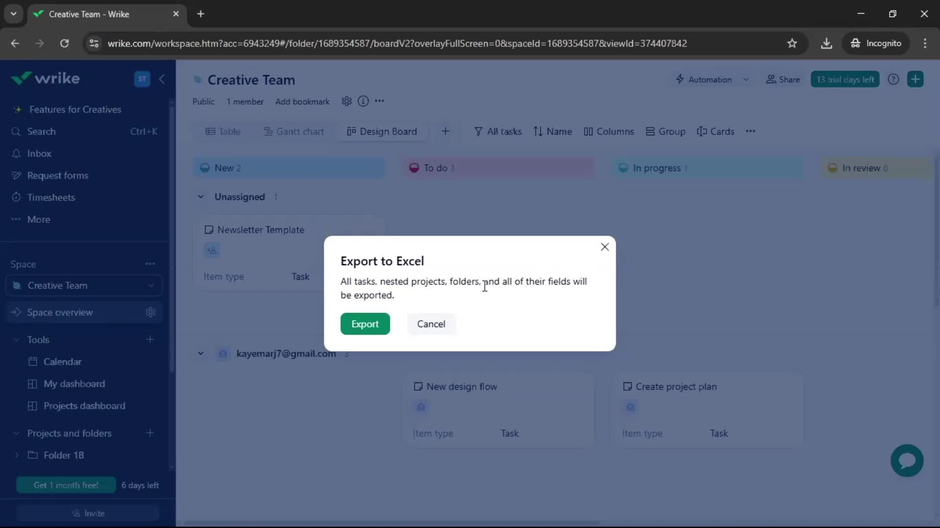 Exporting data screenshot