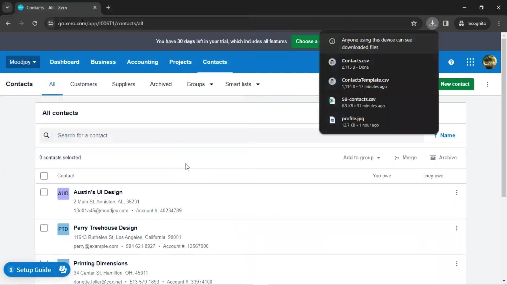 Exporting contacts screenshot