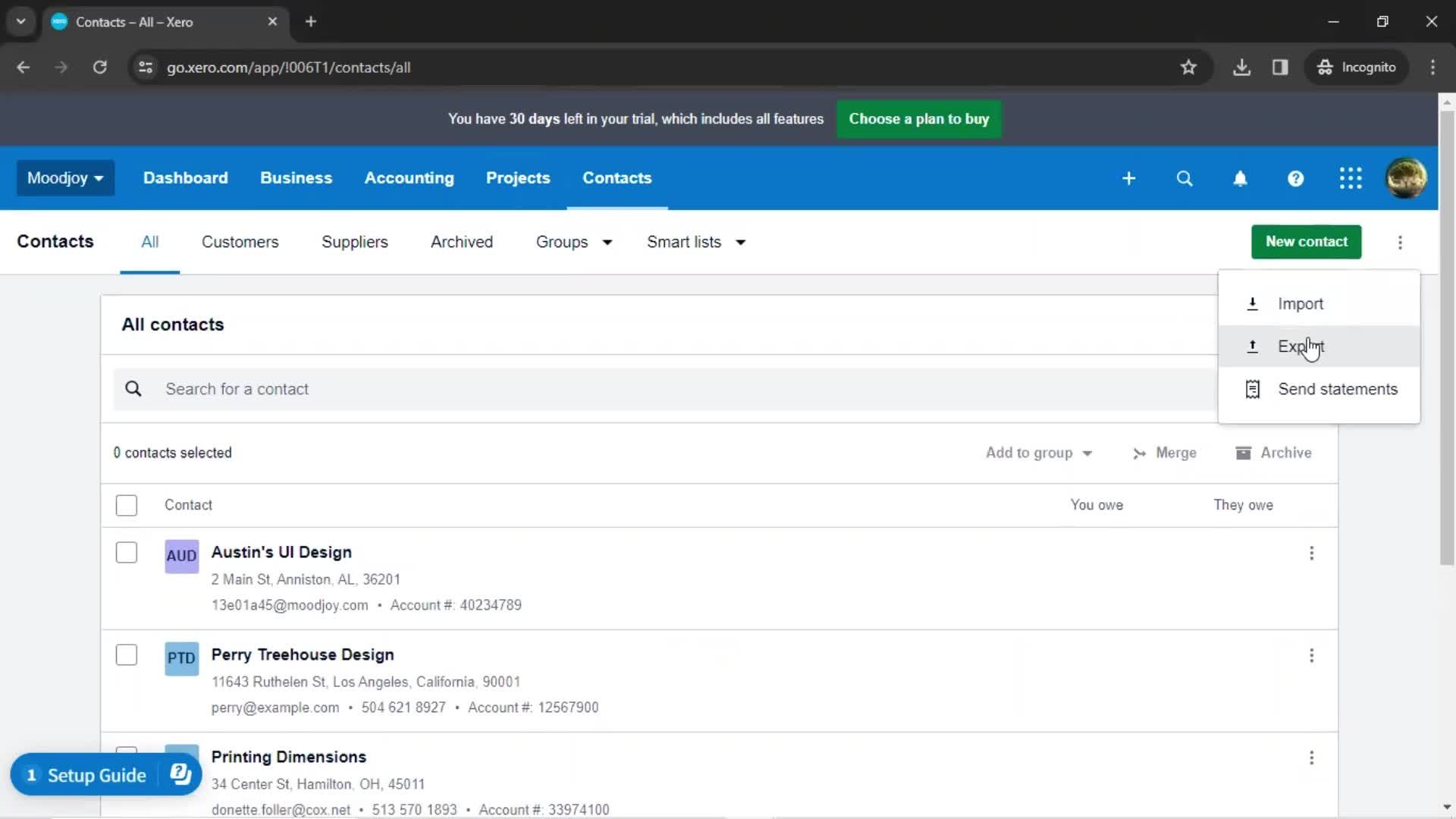 Exporting contacts screenshot