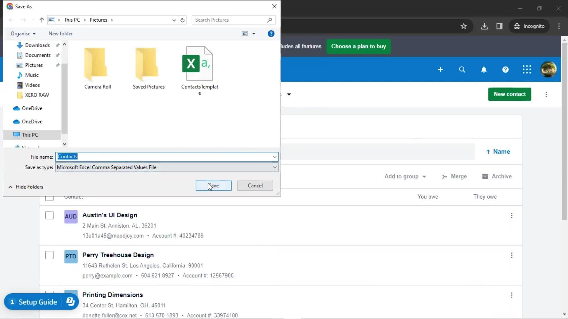 Exporting contacts screenshot