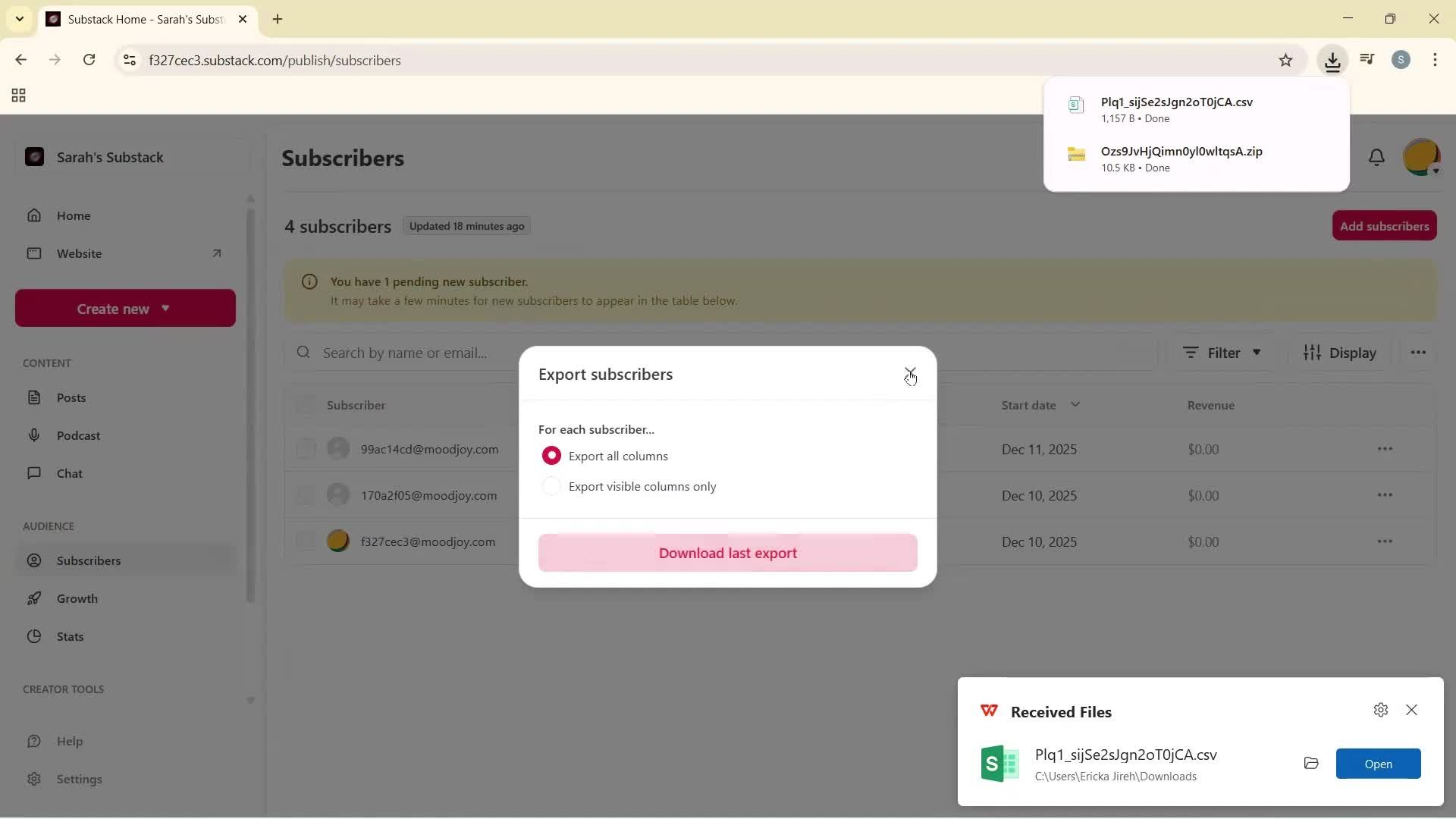 Exporting data screenshot