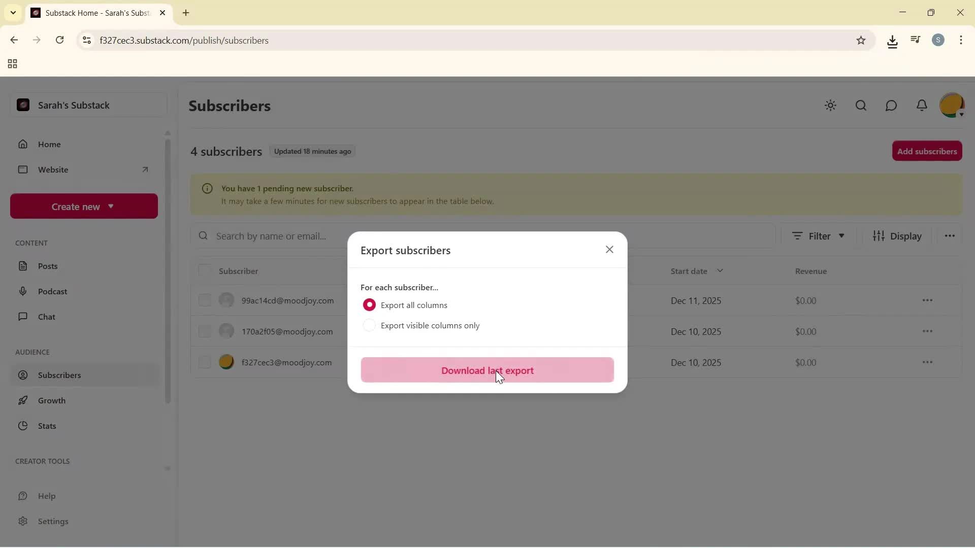 Exporting data screenshot