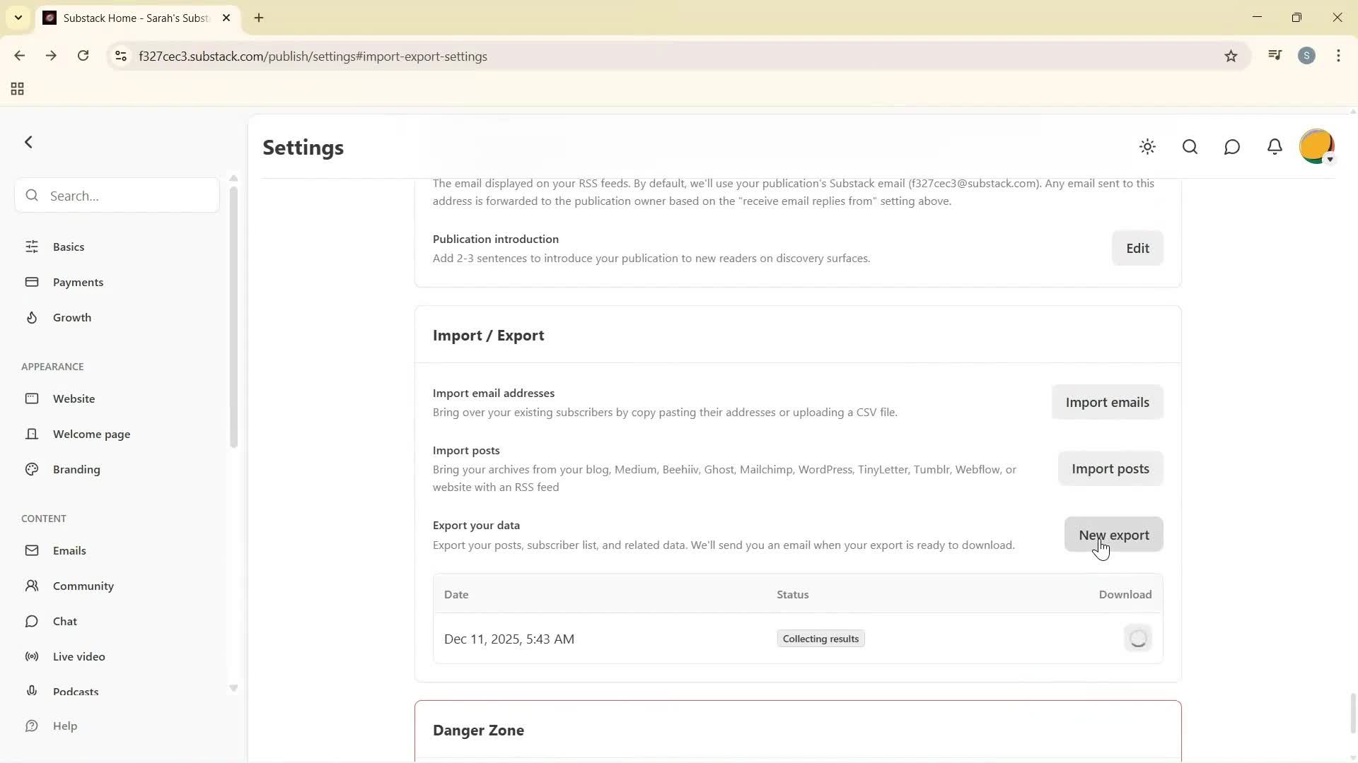 Exporting data screenshot