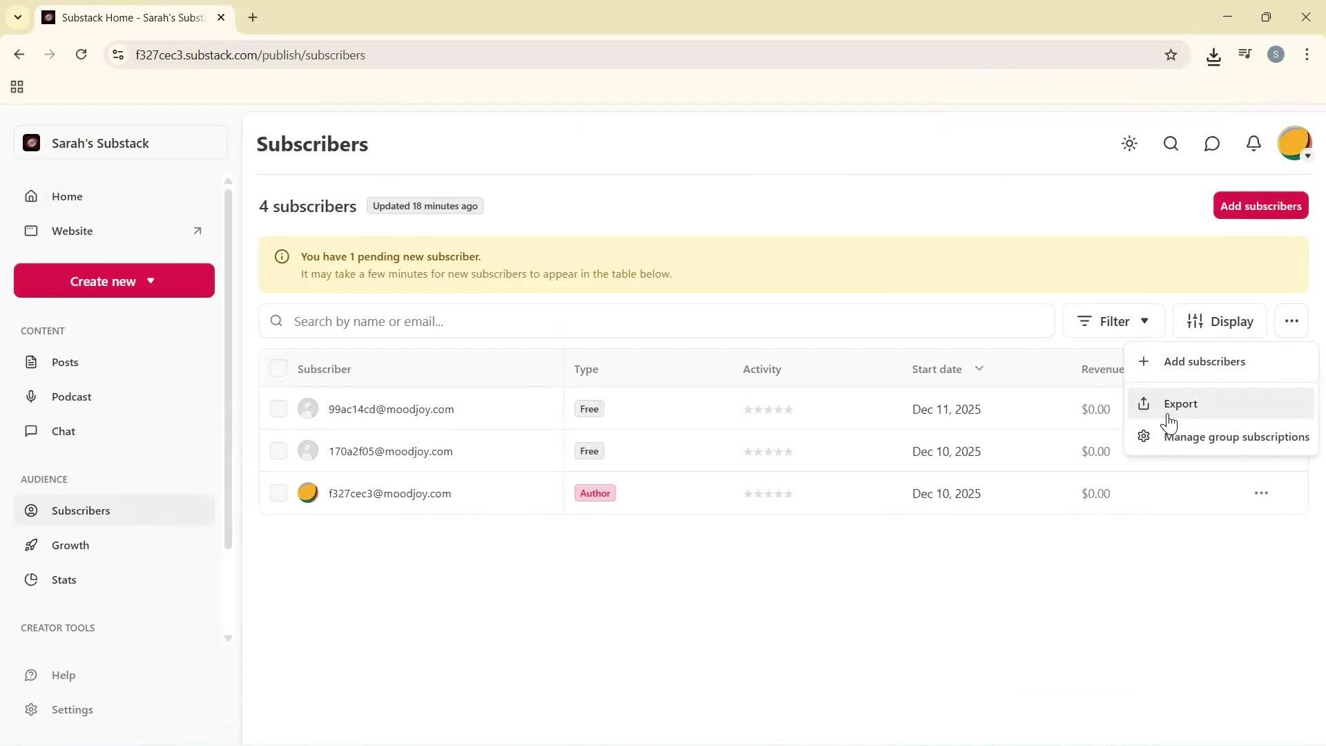 Exporting data screenshot