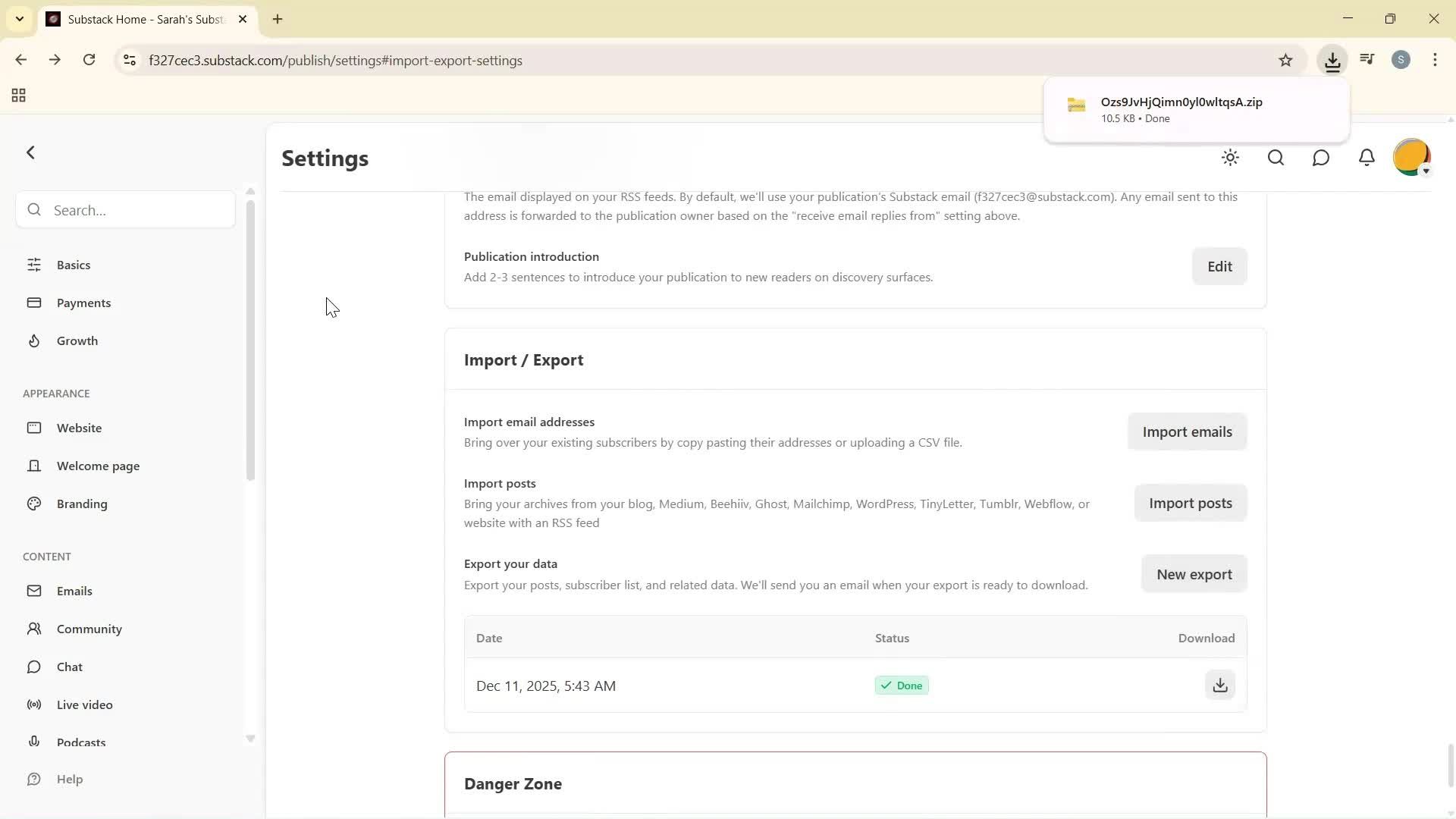 Exporting data screenshot