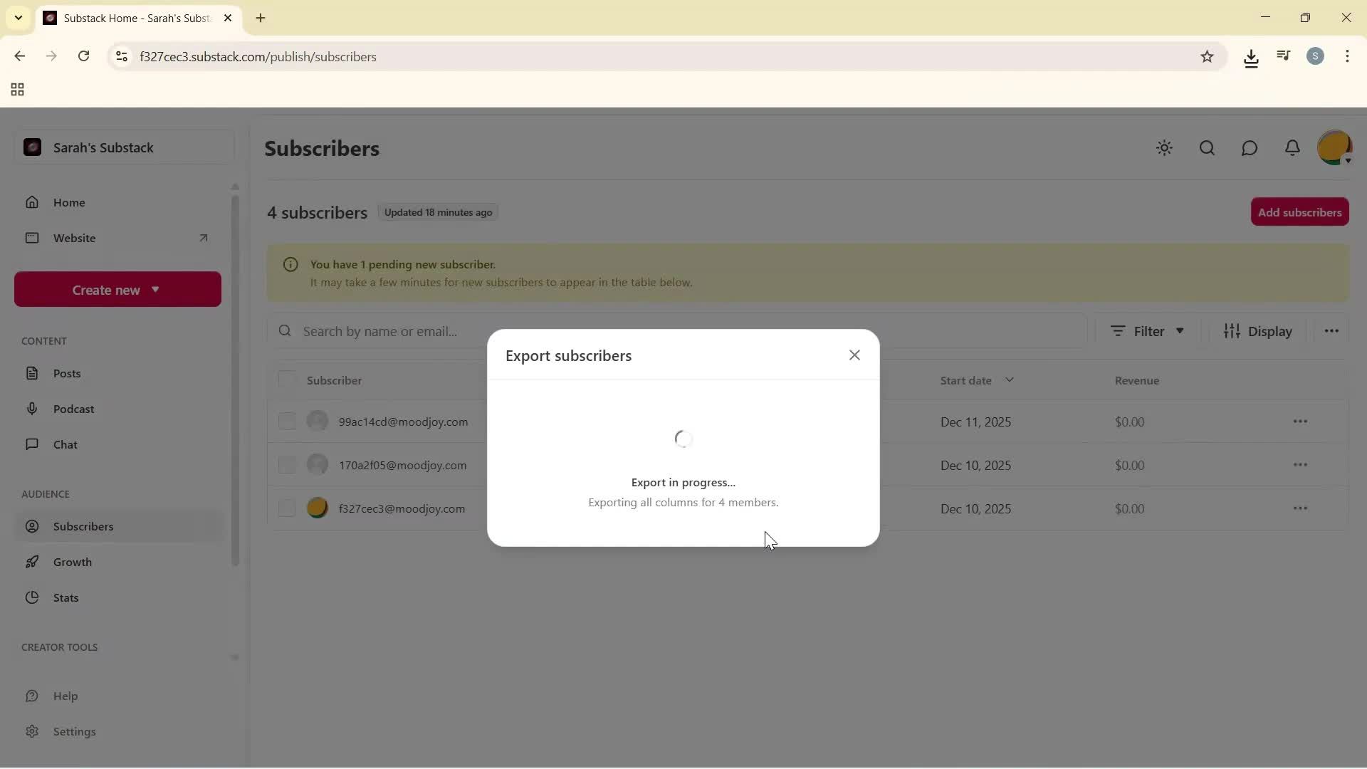 Exporting data screenshot