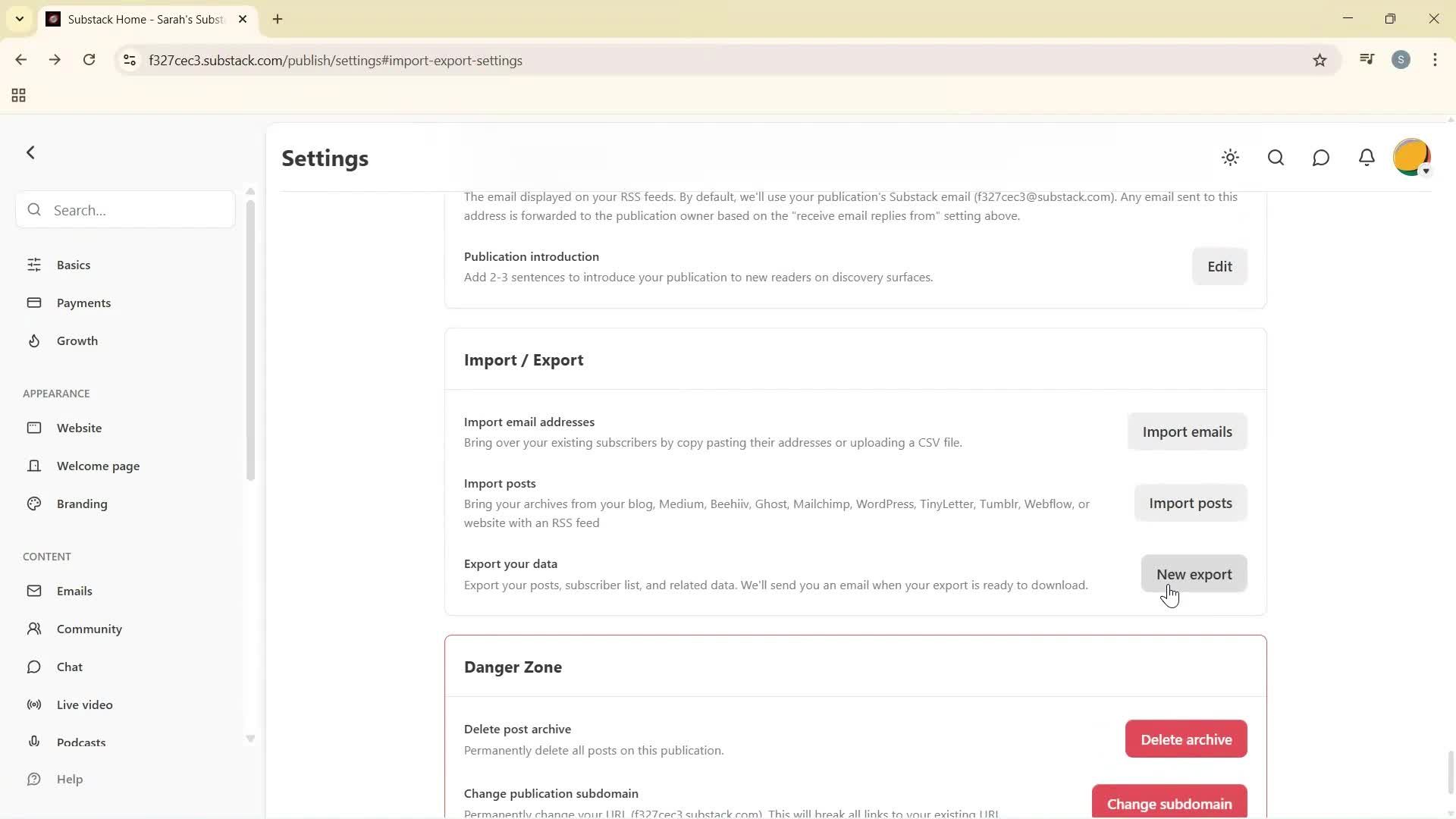 Exporting data screenshot