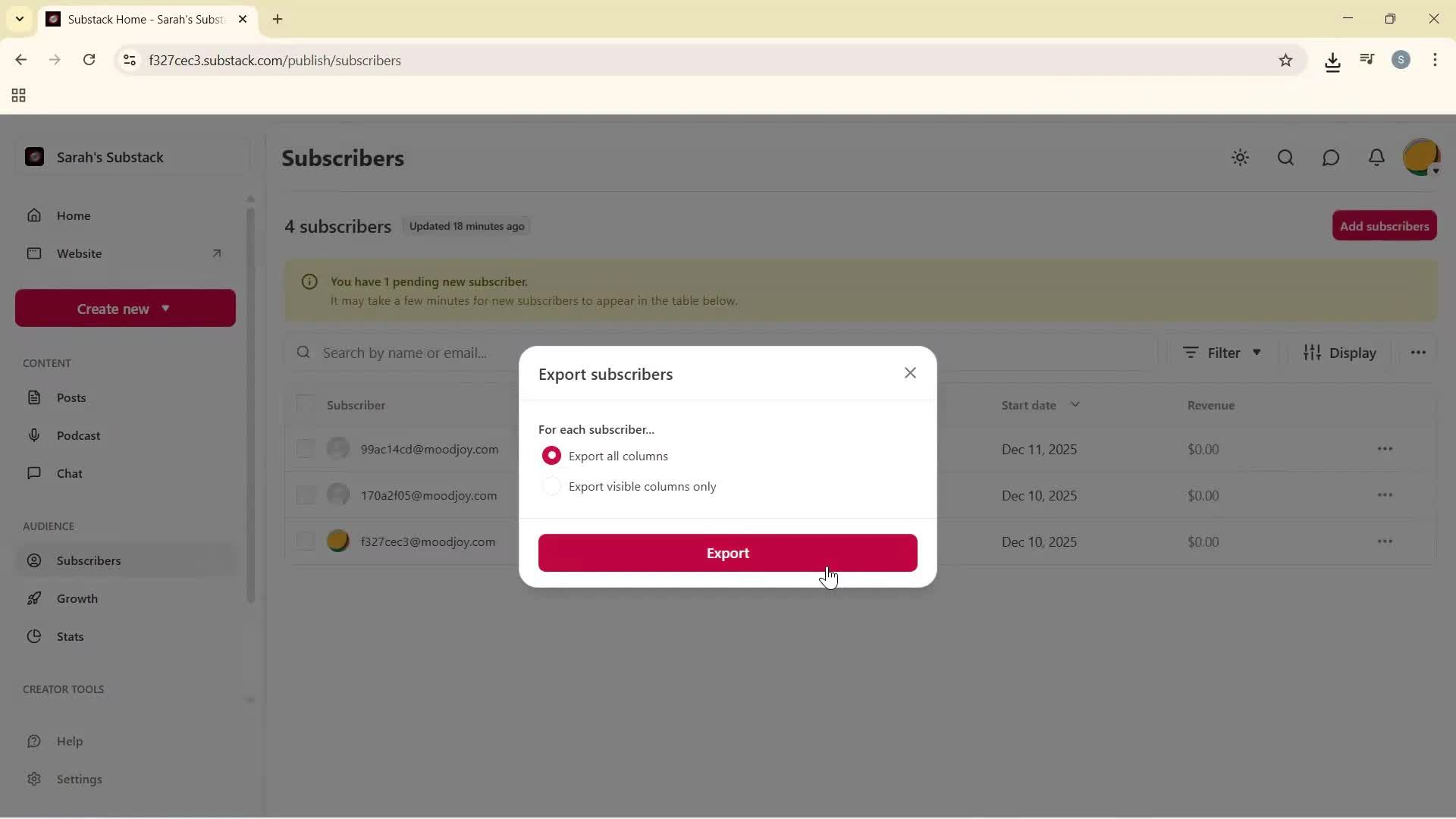 Exporting data screenshot