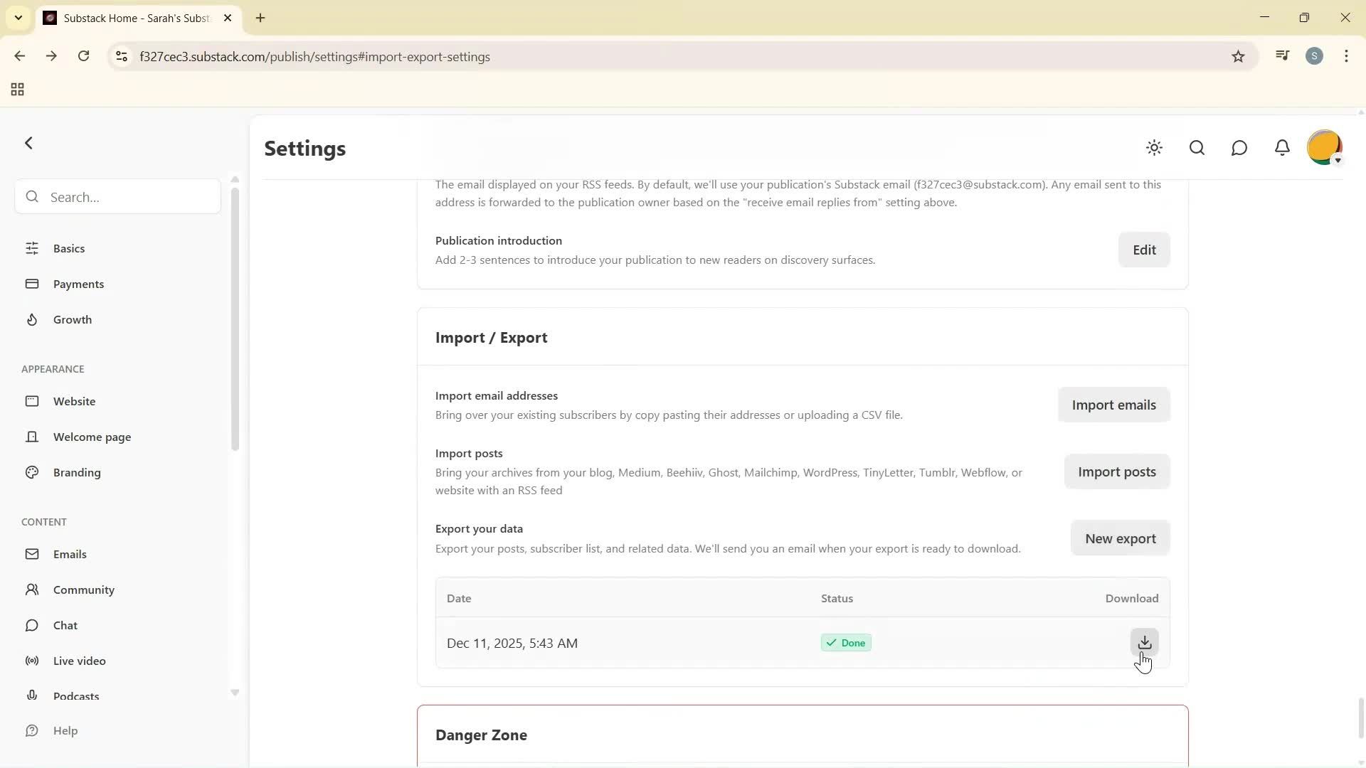 Exporting data screenshot