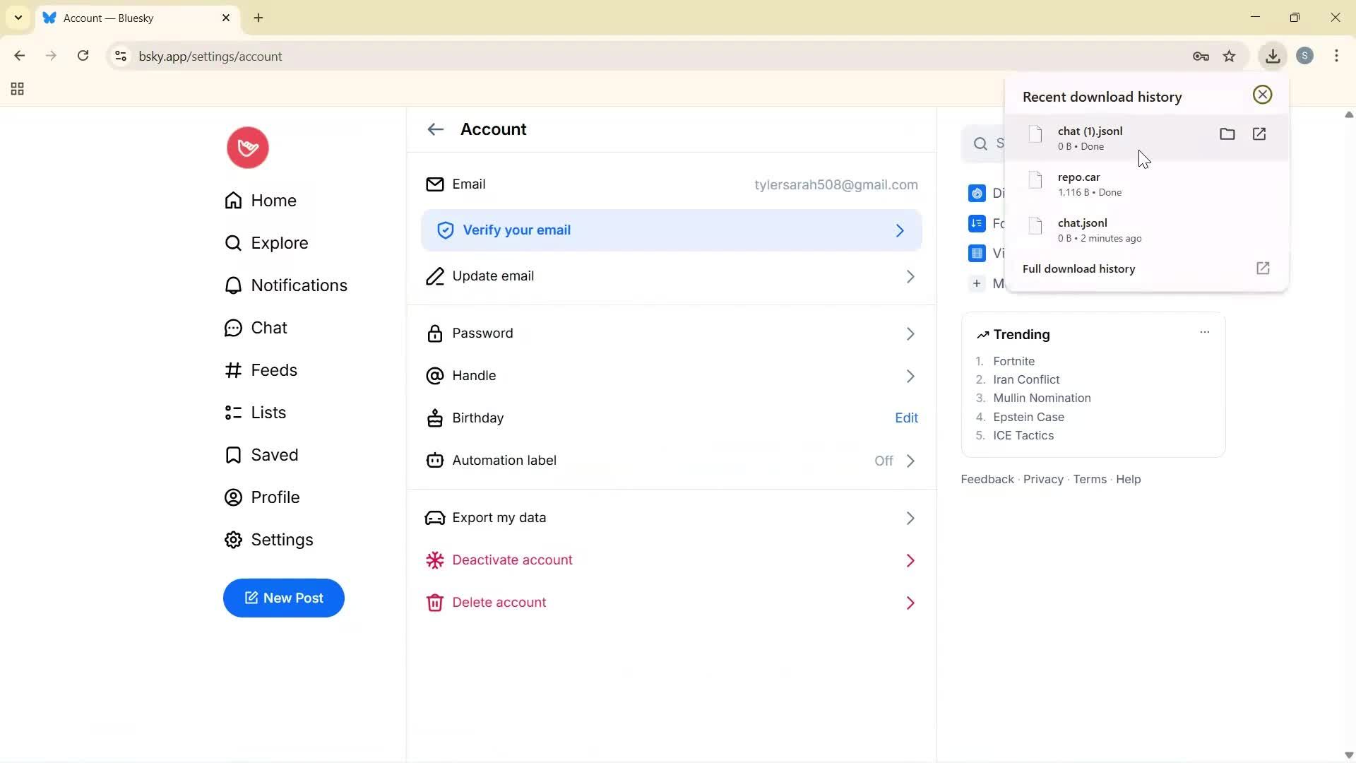 Exporting data screenshot