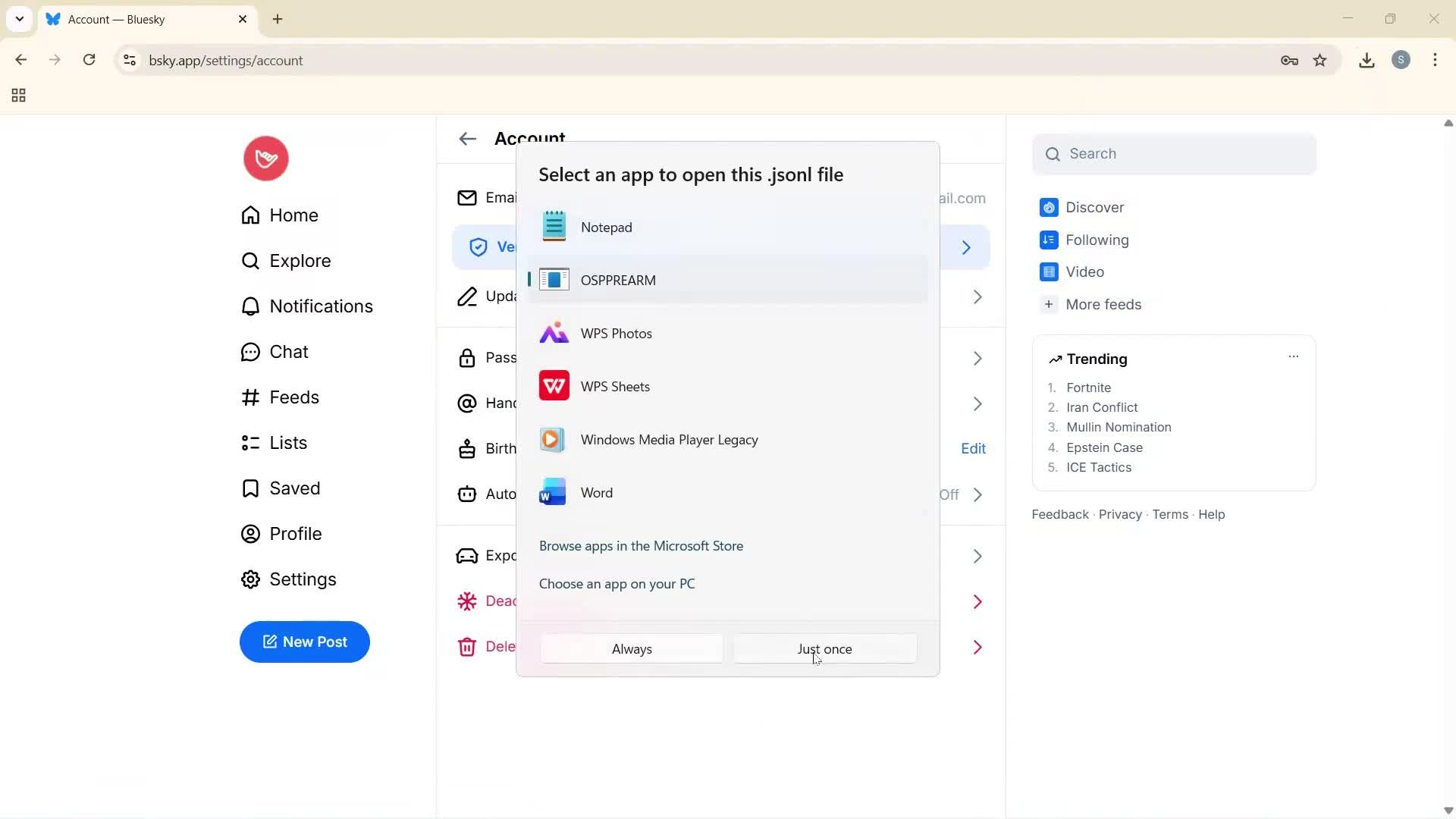Exporting data screenshot