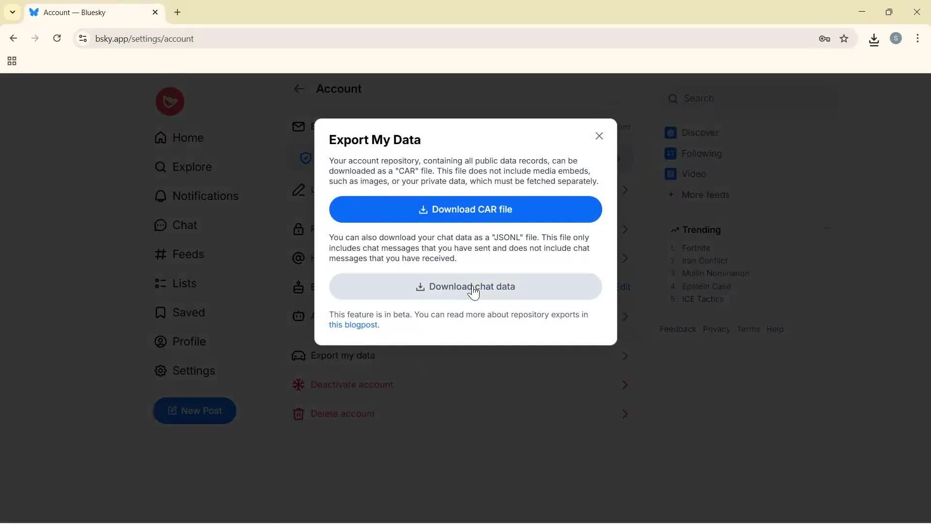Exporting data screenshot