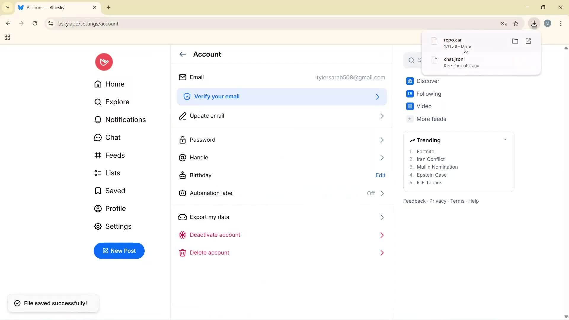 Exporting data screenshot