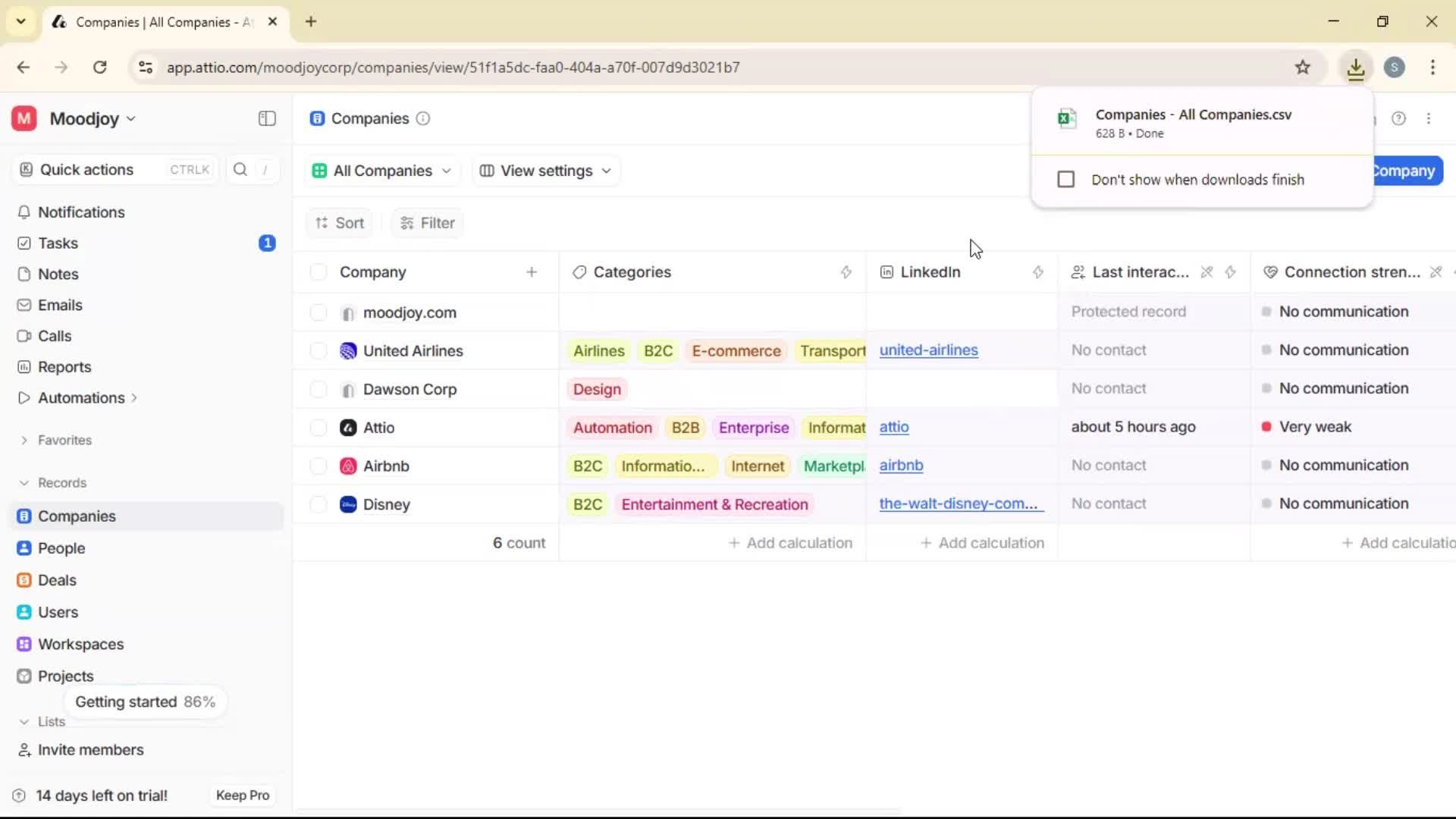 Exporting data screenshot