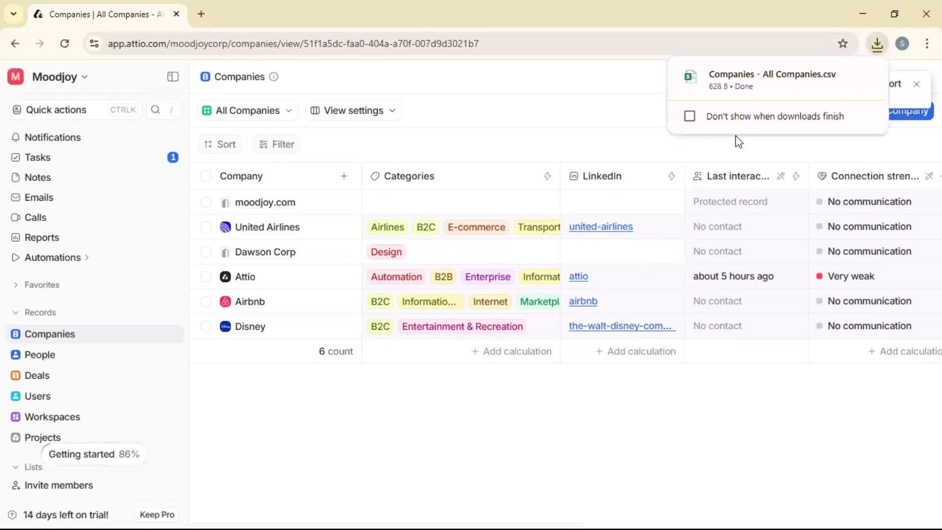 Exporting data screenshot