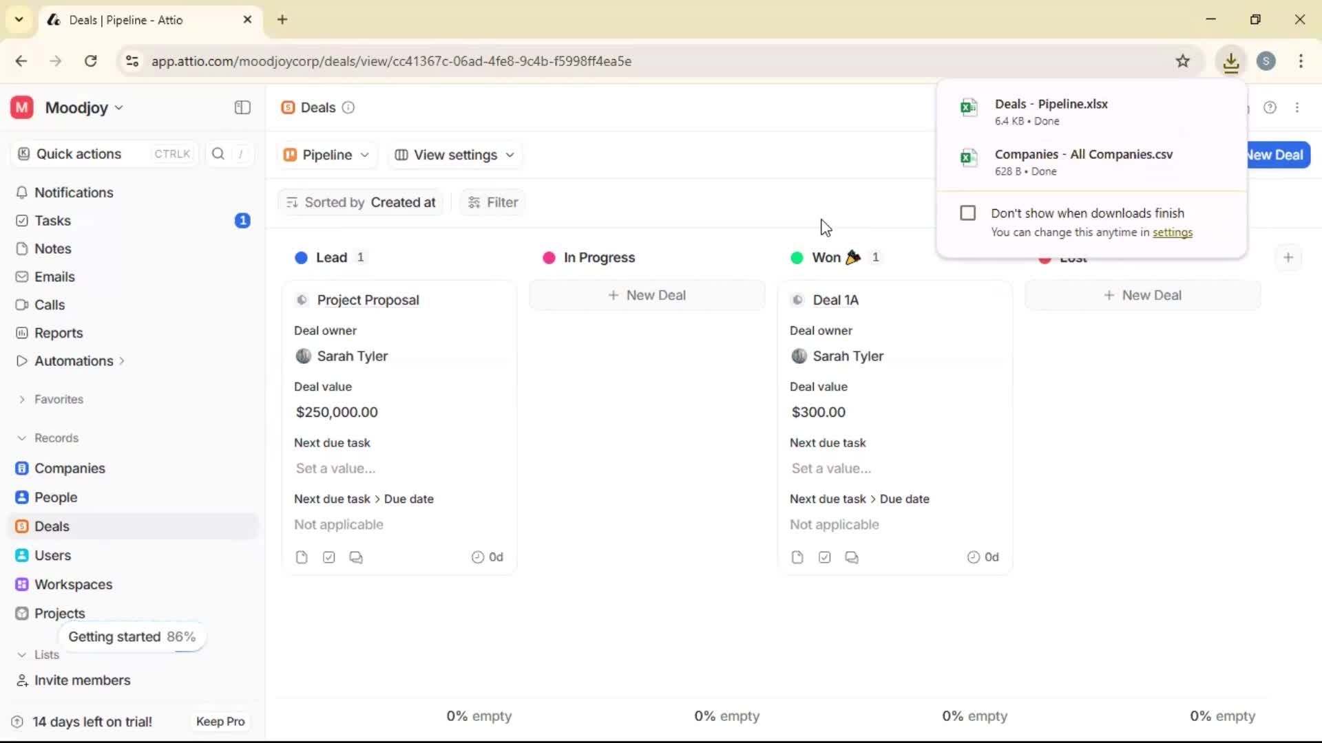 Exporting data screenshot