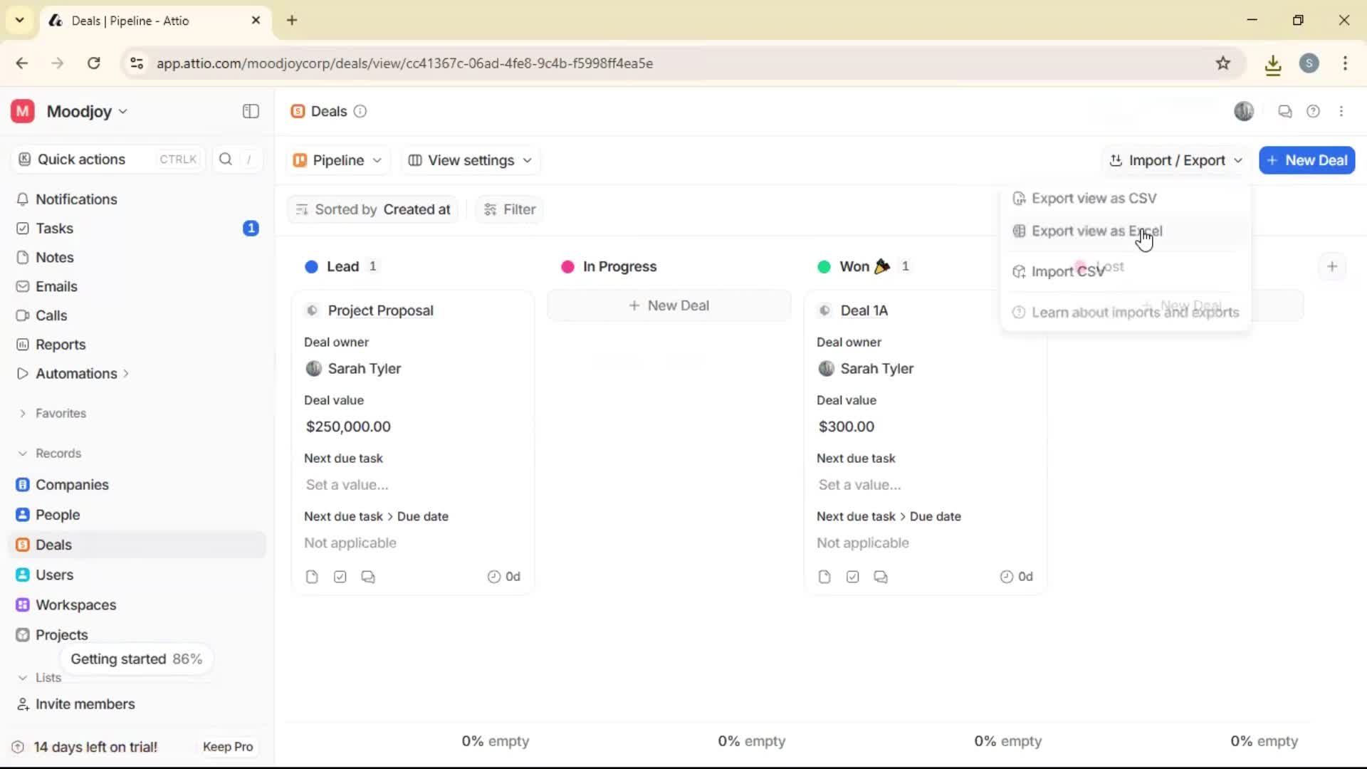 Exporting data screenshot