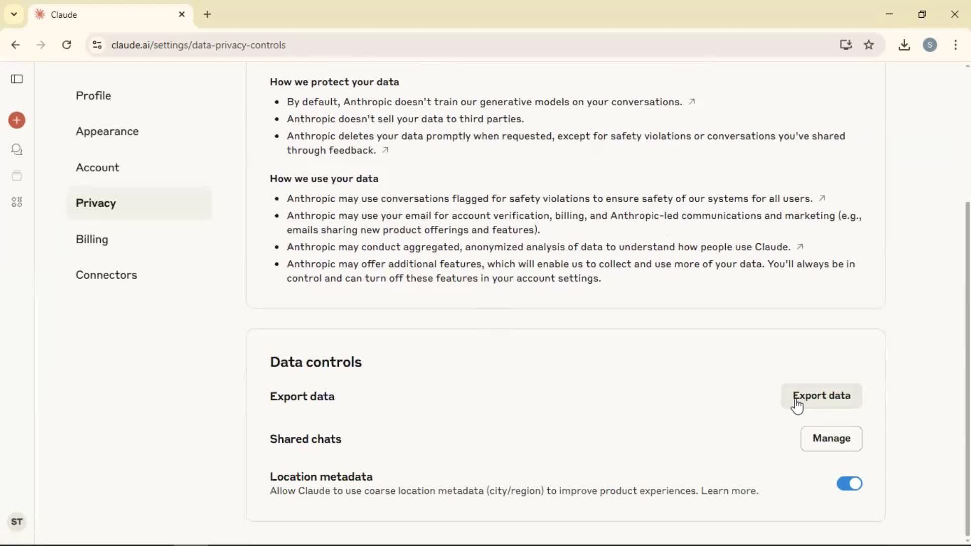Exporting data screenshot